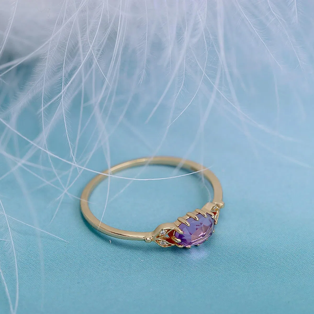 Anillo de boda oro 9 K/14 K/18 K con amatista morado ovalado, hoja vintage