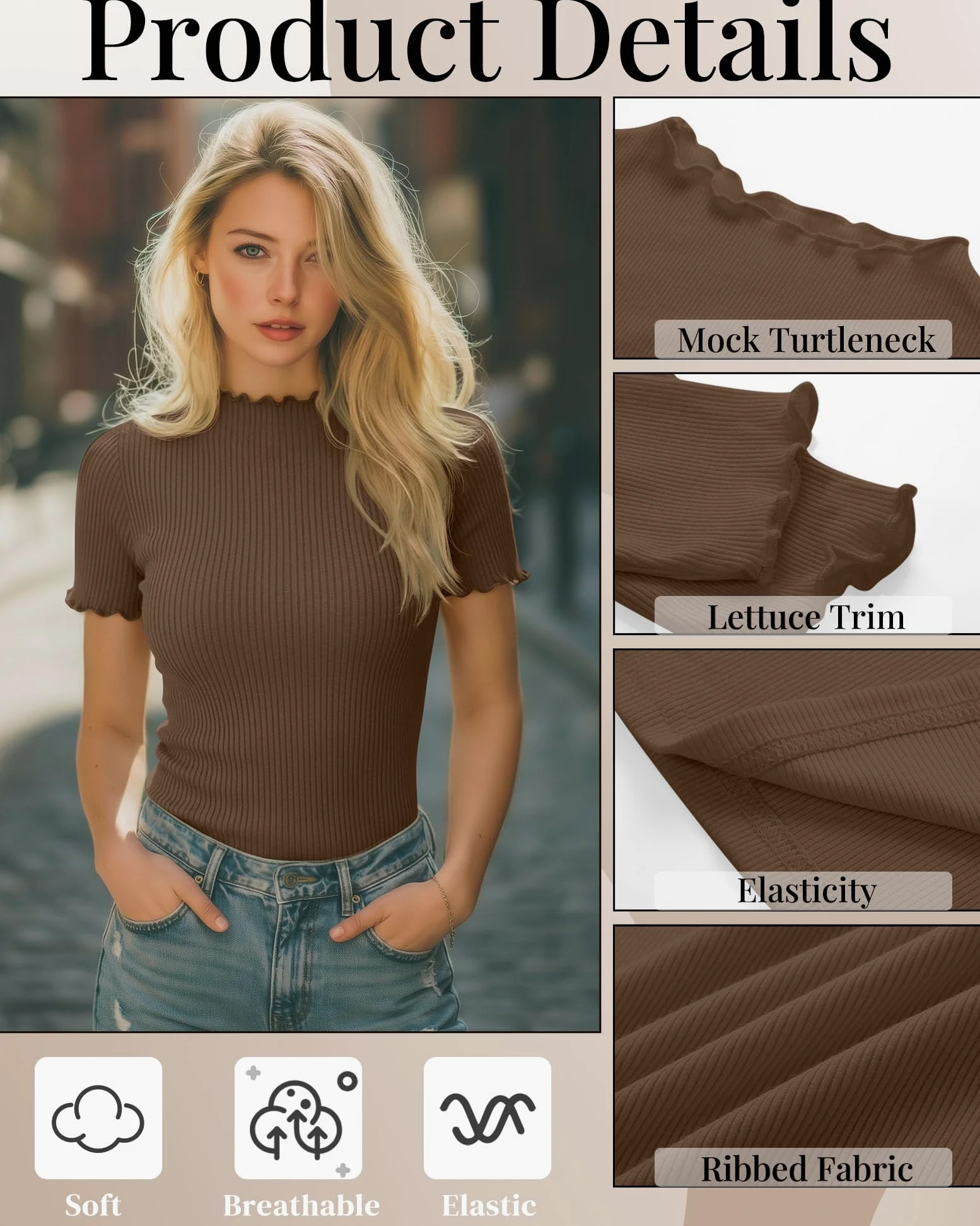 Geyoga 3 Tops Mujer Cuello Perkins | Camiseta De Algodón De Manga Corta, Tejido Acanalado Y Borde Ondulado. Ajuste Ceñido Y Tejido Elástico.
