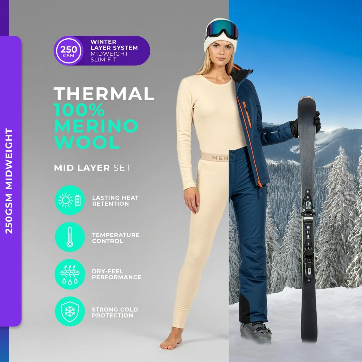 menique Juego de ropa interior térmica 100% merino para mujer, ropa interior cálida de lana merino, 250 g/m², ropa interior de esquí, extra cálida, transpirable y antiolor, para invierno y exterior