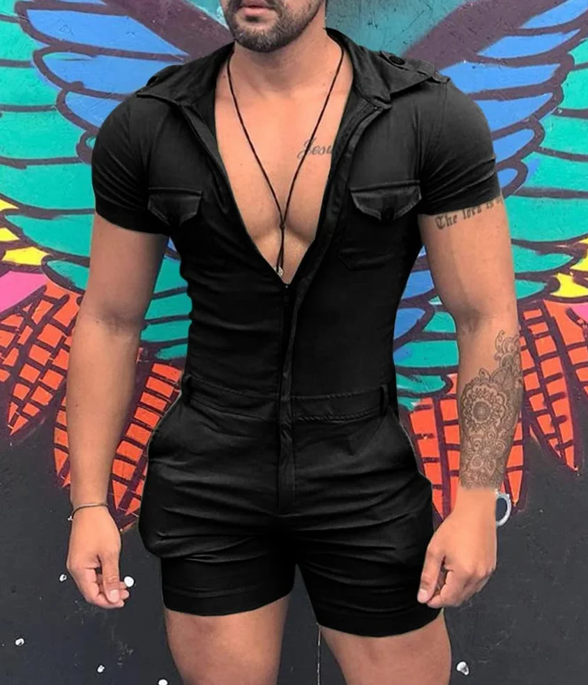 Mono de Manga Corta para Hombre Informal con Bolsillo Color Sólido Cremallera/Botón Una Pieza Verano