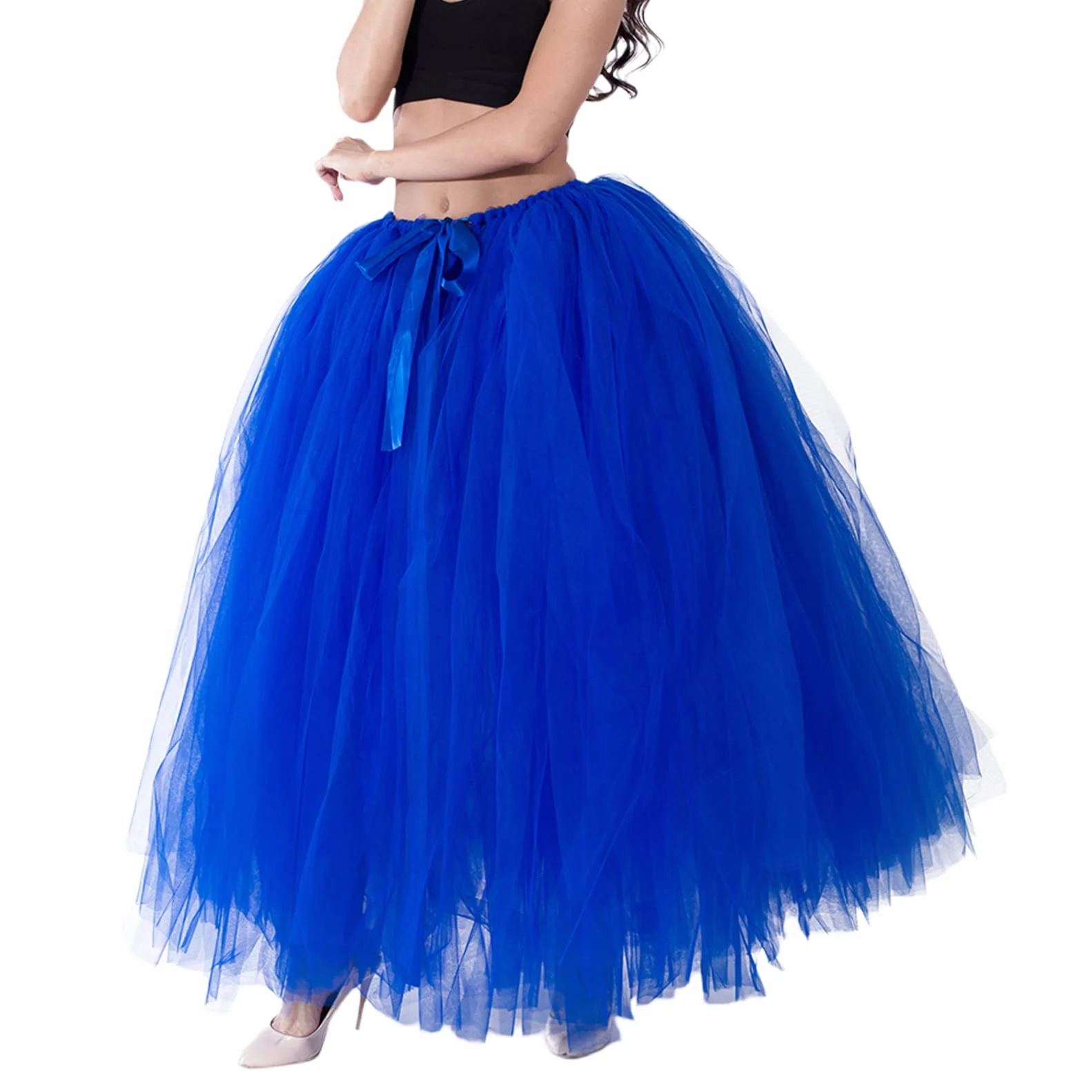 Falda larga tutú de cintura alta con capas de tul maxi faldas hinchadas hasta el suelo, boda, fiesta, con cinturón Bowknot, zafiro, Talla única