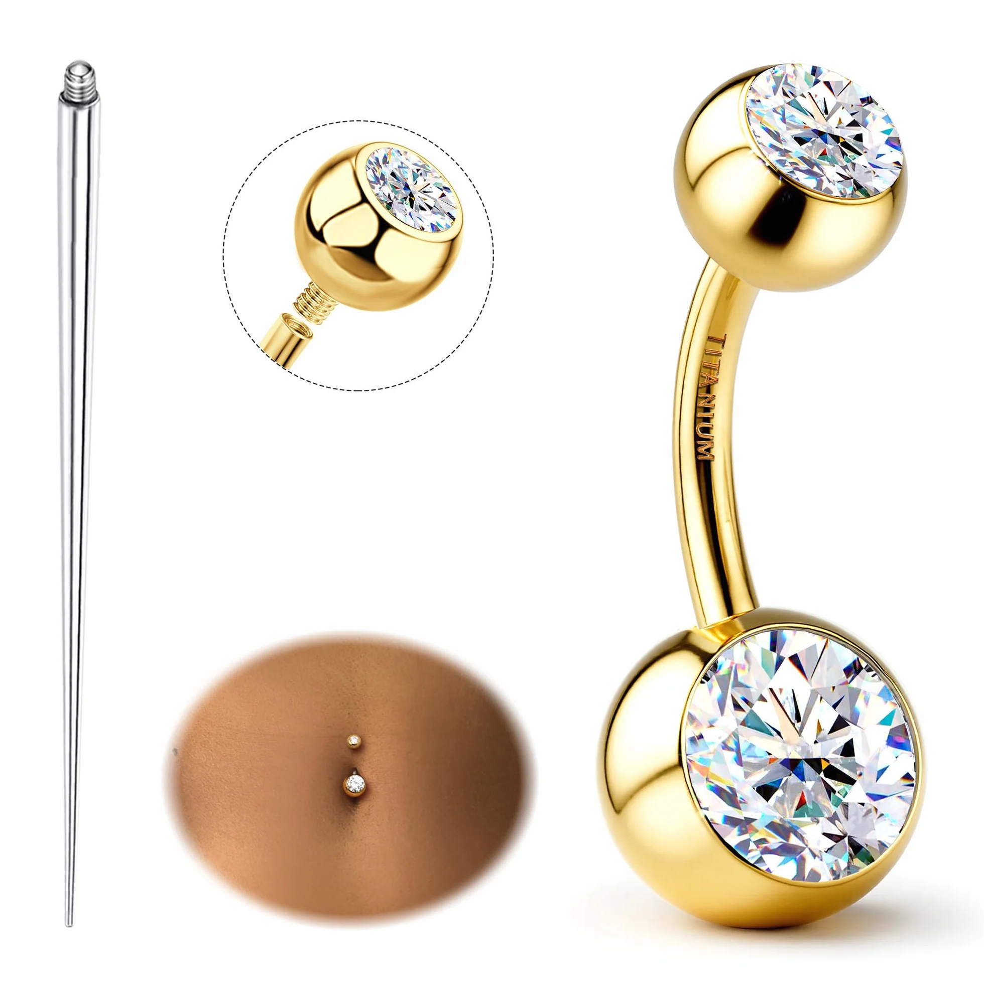 Sllaiss Piercing Ombligo Titanio G23 con Moissanita Brillante Calibre 14G y 10mm Piercings de Ombligo Mujer con Rosca Interna Hipoalergénico Joyería Corporal de Titanio Grado Implante Plata/Oro