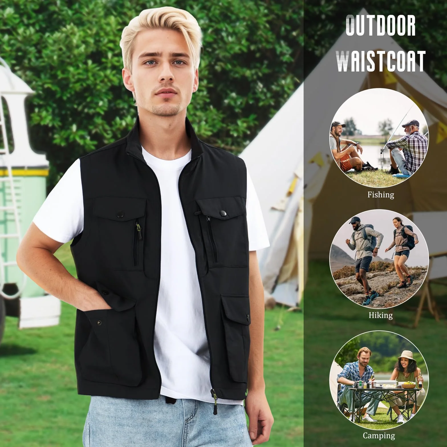 Chaleco de Pesca para Hombre con Múltiples Bolsillos Chaleco Informal Ligero Transpirable Fotografía de Viajes al aire Libre Chaqueta sin Mangas
