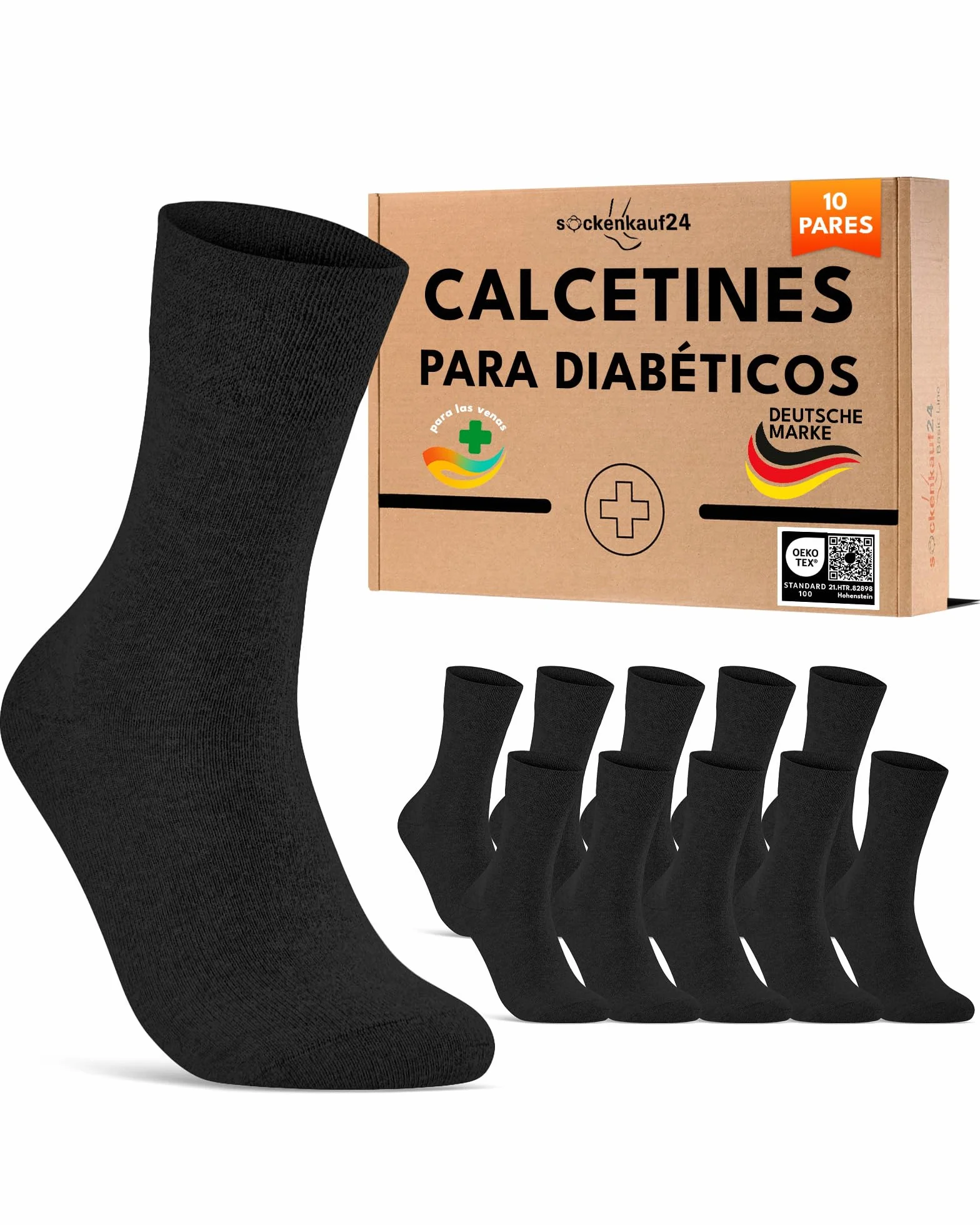 sockenkauf24 10 Pares Calcetines Diabéticos sin Elástico y sin Costuras con Cintura de Confort Hombre Mujer Algodón