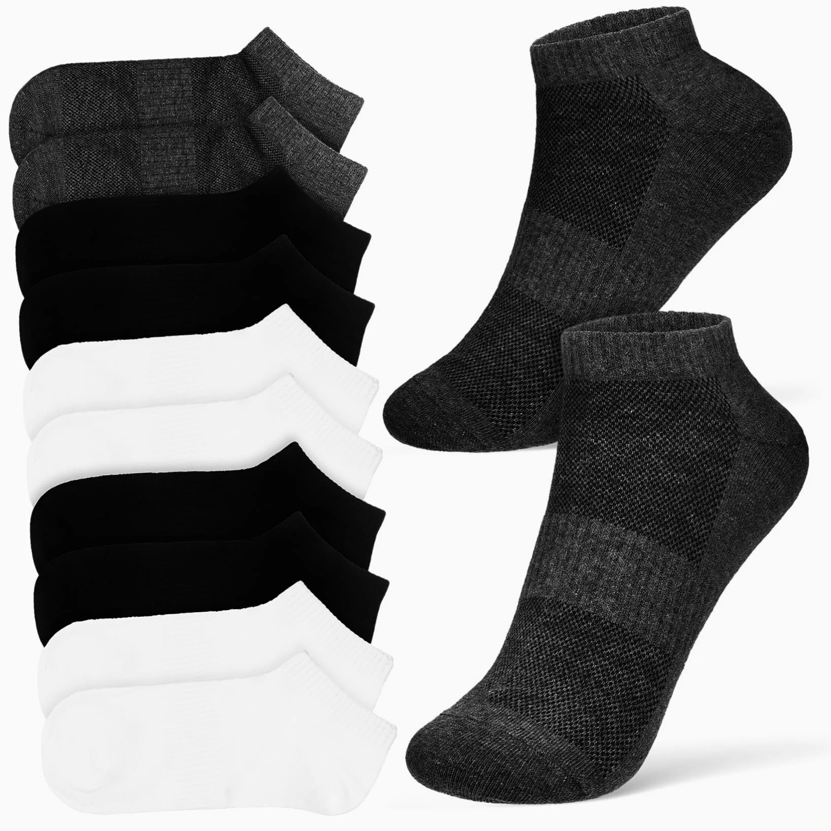 9 pares Calcetines Hombre Tobilleros Transpirables Algodón Soporte Elástico para Running Deportes Negro Gris