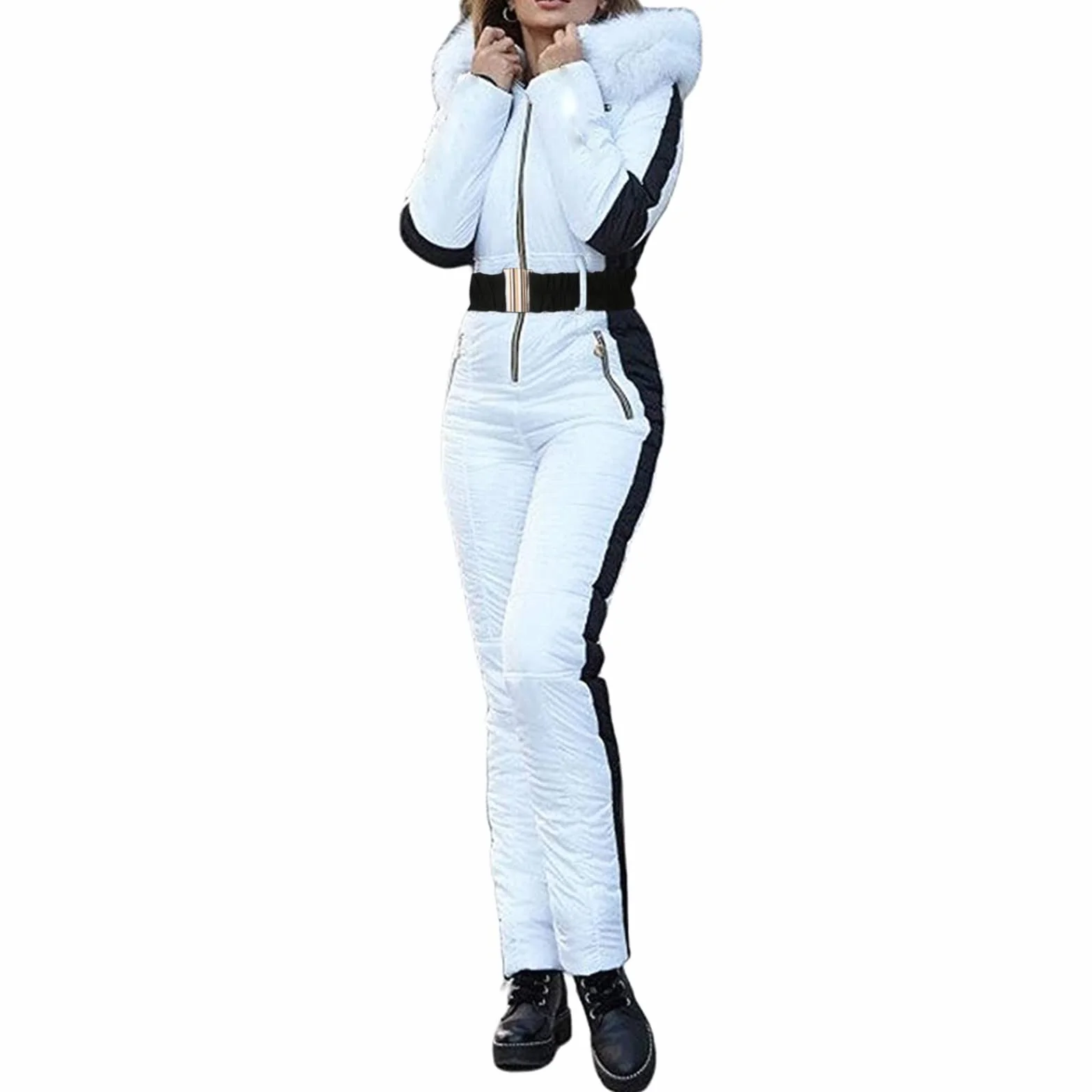 Mono de esquí para mujer, impermeable, cortaviento, traje de nieve largo con capucha y cremallera