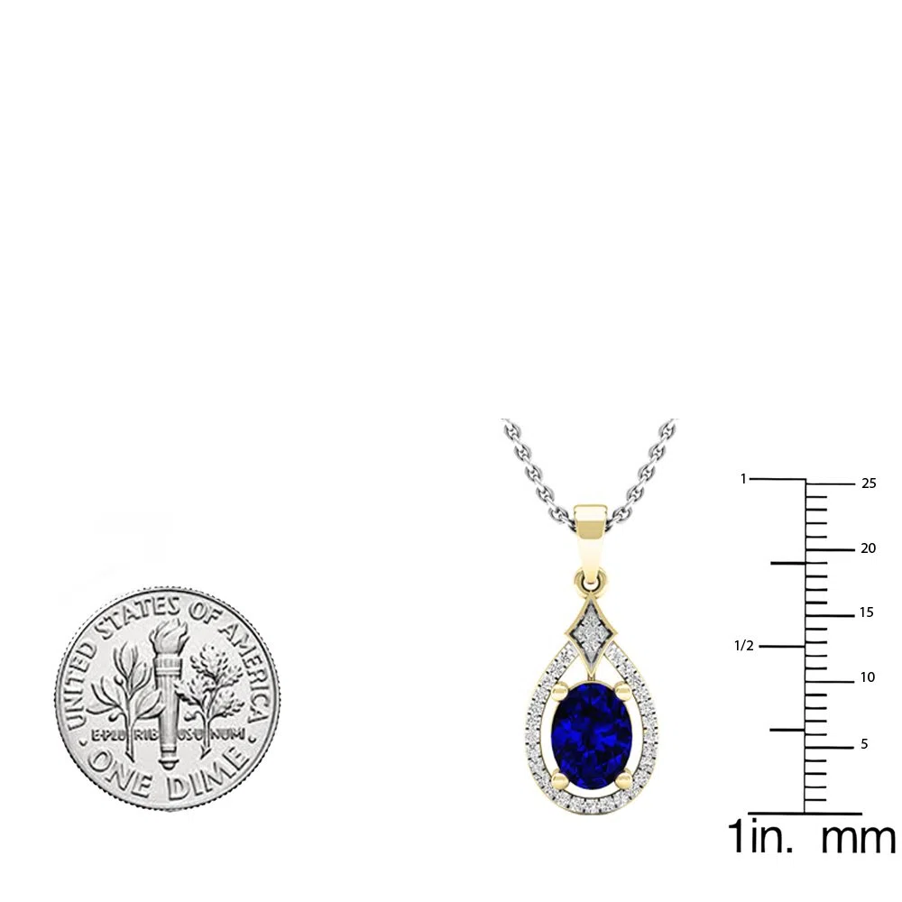 14 K oro 8 x 6 mm Oval Azul zafiro y diamante redondo señoras colgante (cadena de plata incluidas)