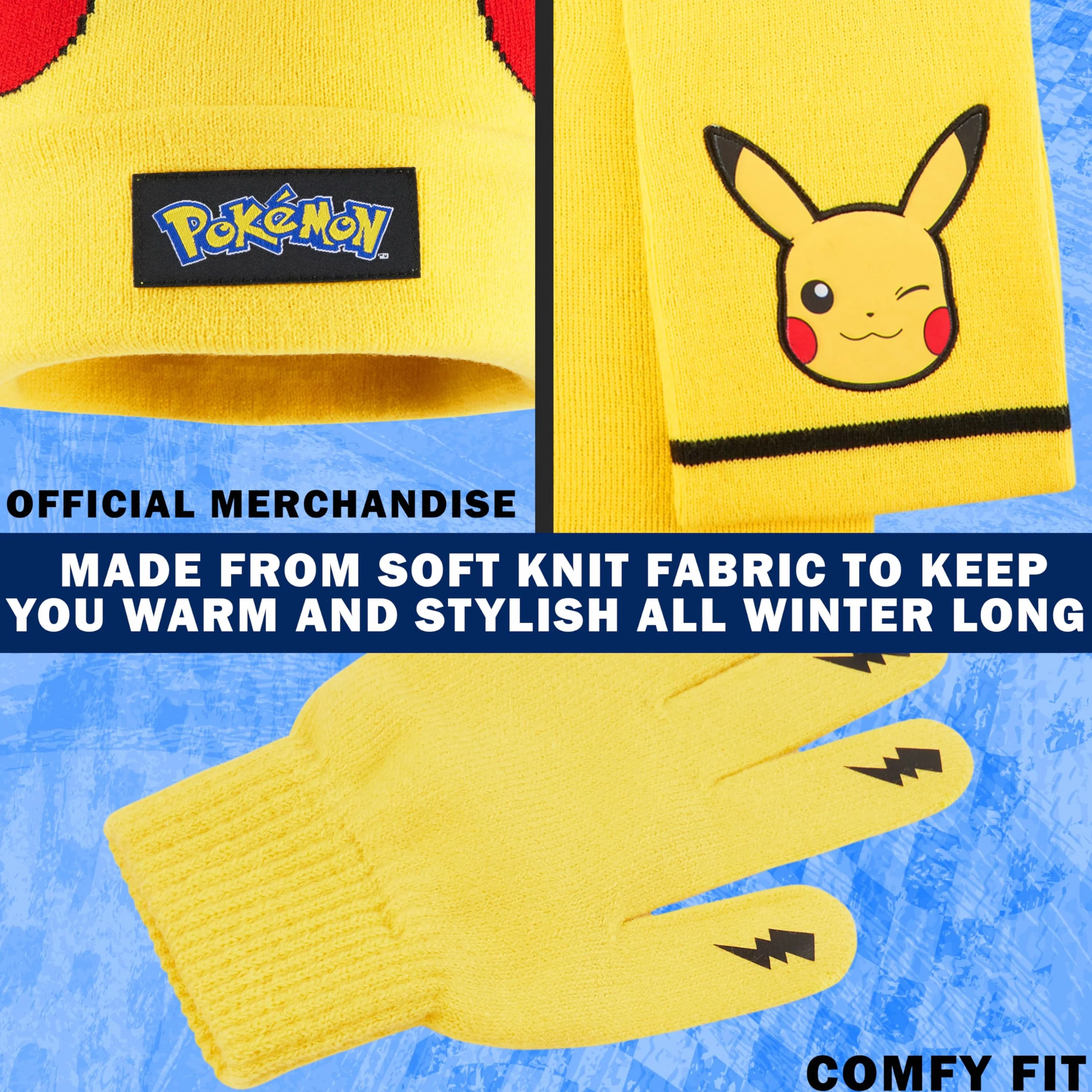 Pokémon Conjunto Bufanda y Gorro y Guantes Niño 8-10 Años, Pikachu Accesorios de Invierno Suave para Frío, Regalos de Anime
