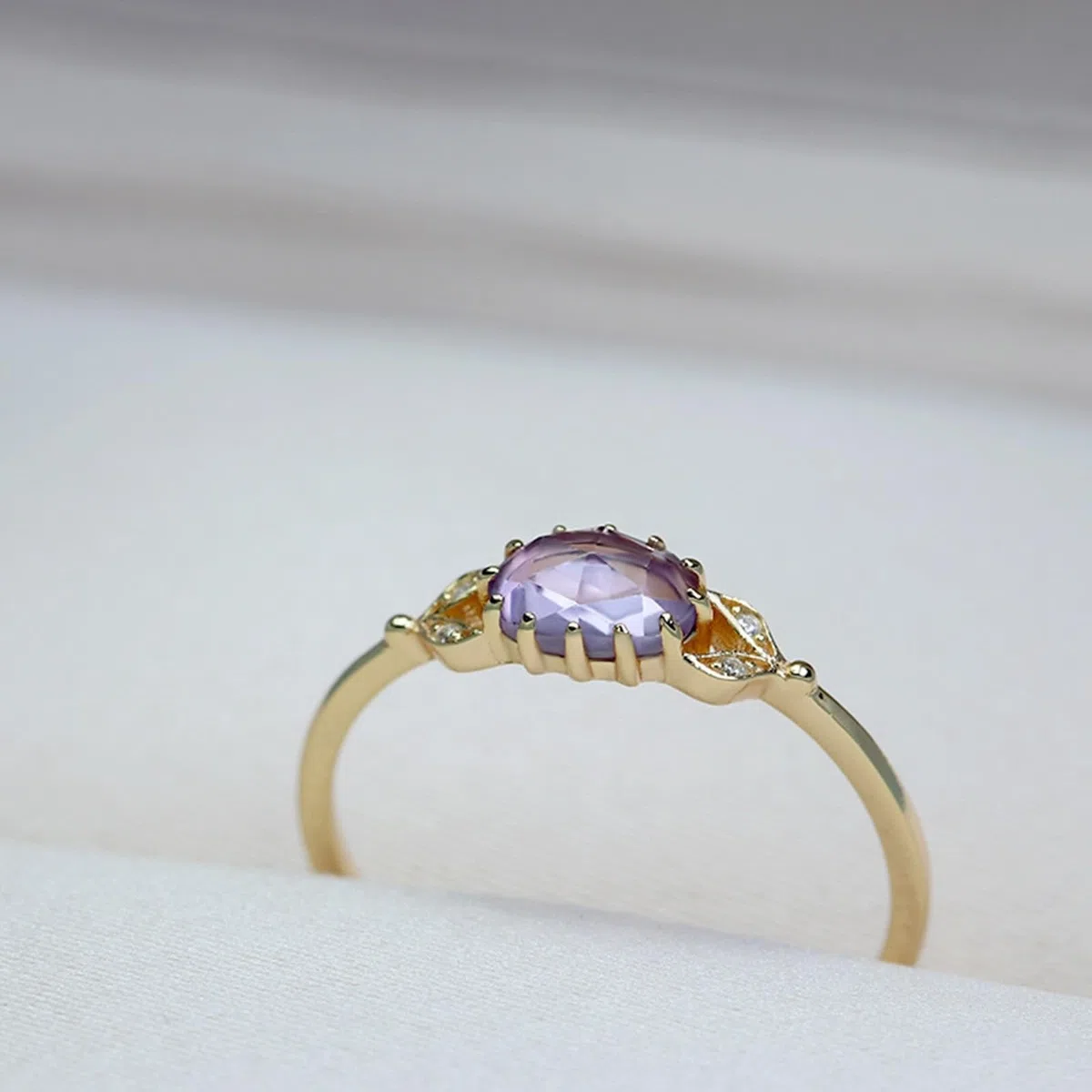 Anillo de boda oro 9 K/14 K/18 K con amatista morado ovalado, hoja vintage