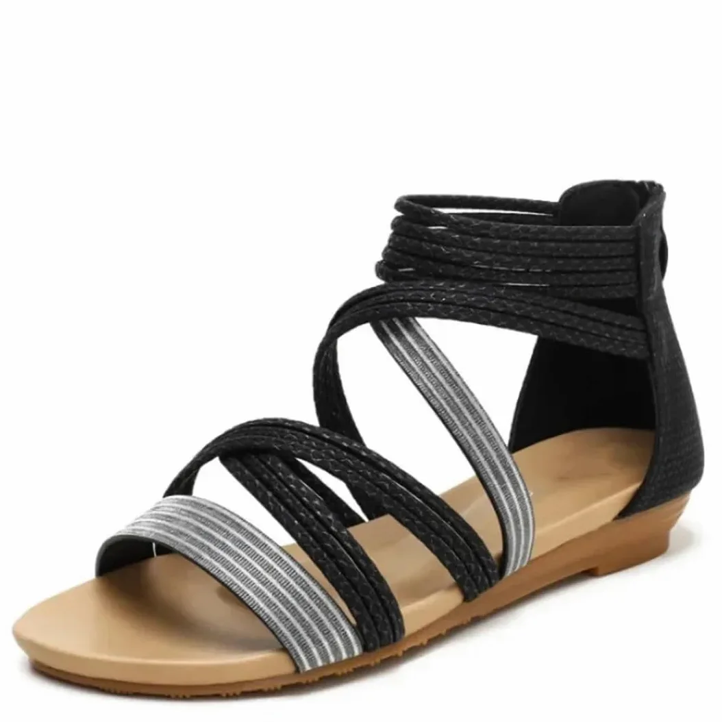 Sandalias de gladiador con cremallera en la espalda y tacón de cuña para mujer, con parte superior de poliuretano, estilo bohemio, para verano