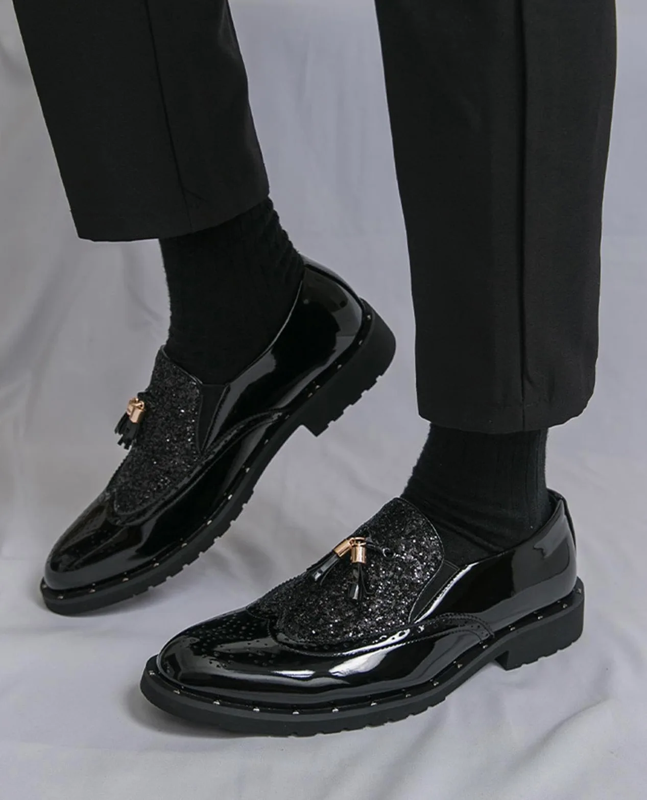 Mocasines de Charol con Purpurina para Hombre Zapatos de Vestir con Borlas Estilo Brogue Brillantes para Boda Fiesta