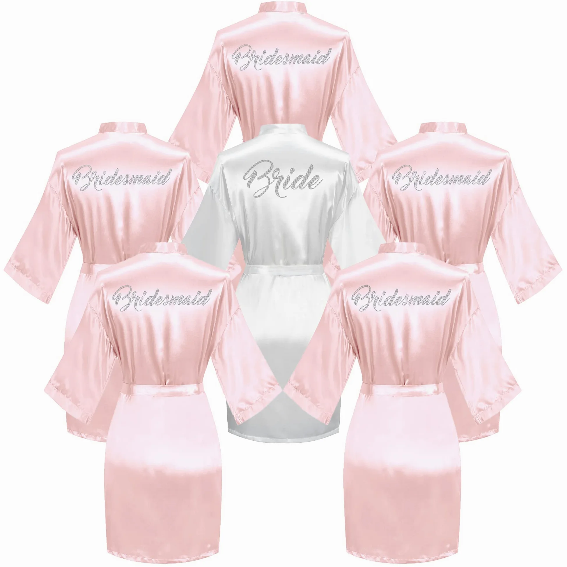 Bata de baño de 6 piezas para novia y dama de honor con diamantes de imitación, vestido tipo kimono