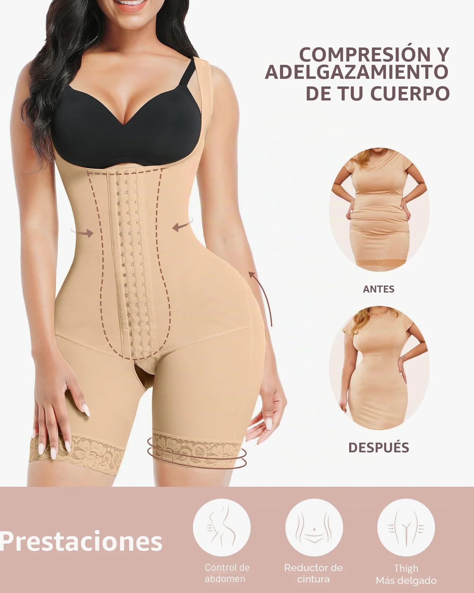 FeelinGirl Fajas Reductoras Mujer Fajas Abdomen Chaleco Corsé Abdominal Pantalones Moldeadores Cierre de Ganchos de 3 Filas con Tirantes Anchos Ajustables