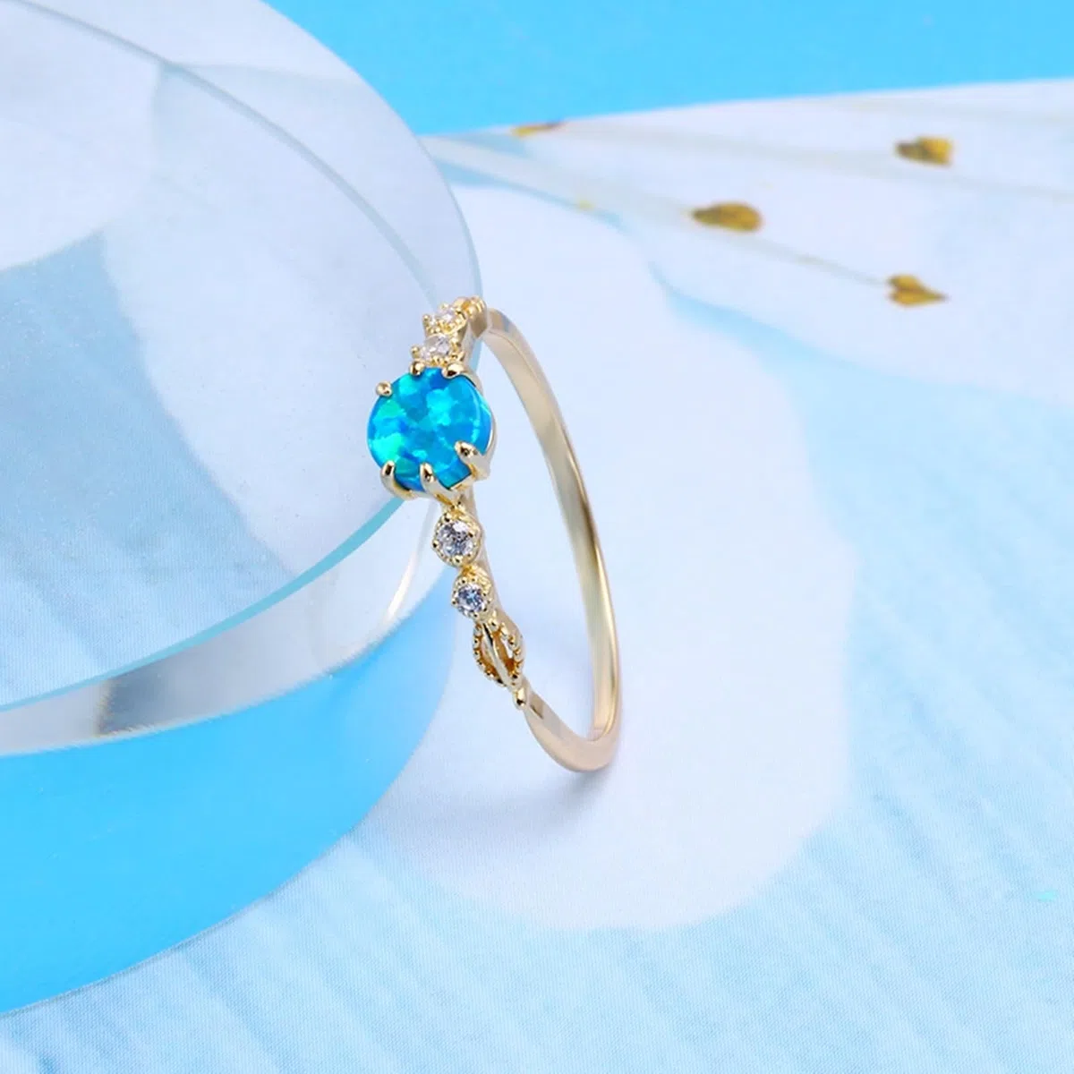 Alianzas auténticas de oro de 9 K/14 K/18 K con ópalo azul en 6 garras