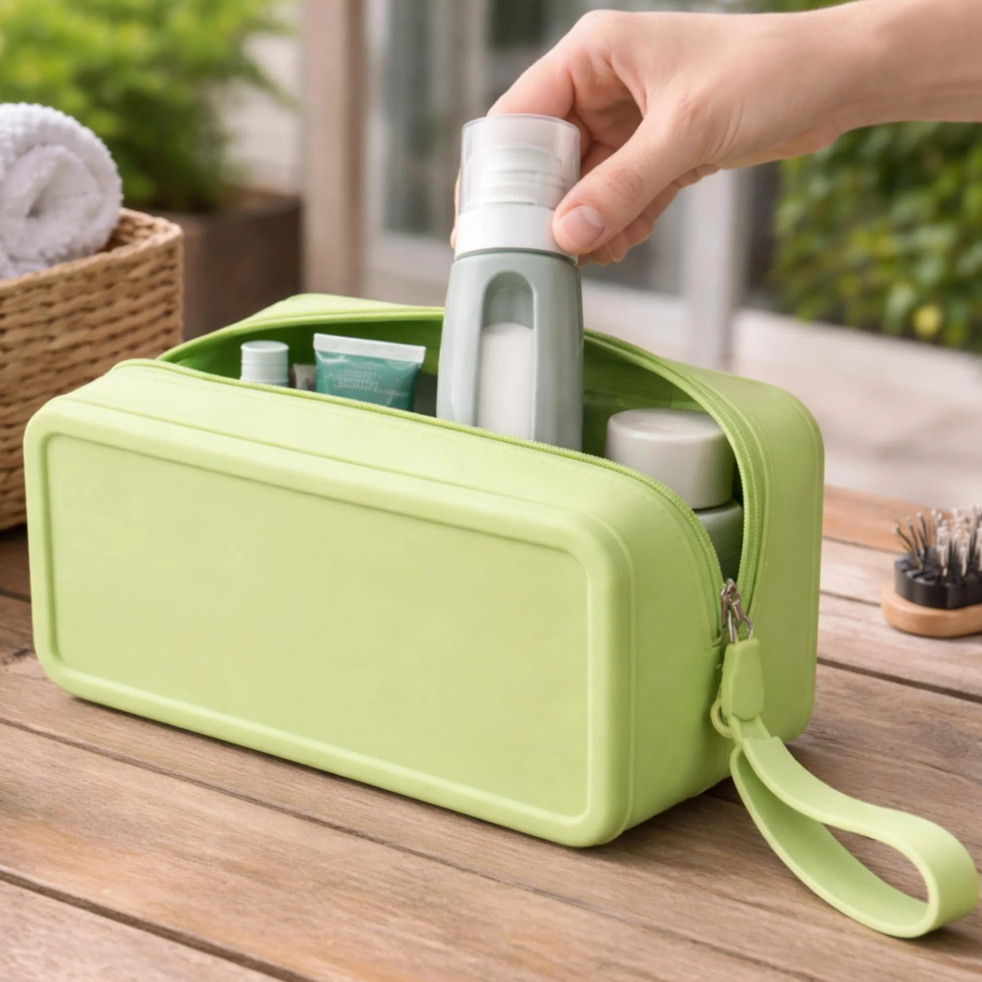 Neceser de Viaje, Gimnasio, Playa de Silicona Impermeable Antifugas – Bolsa para Líquidos de Cabina (Avión) – Flexible y Resistente para Cosméticos y Aseo 9.3x7x18.3cm (Verde)
