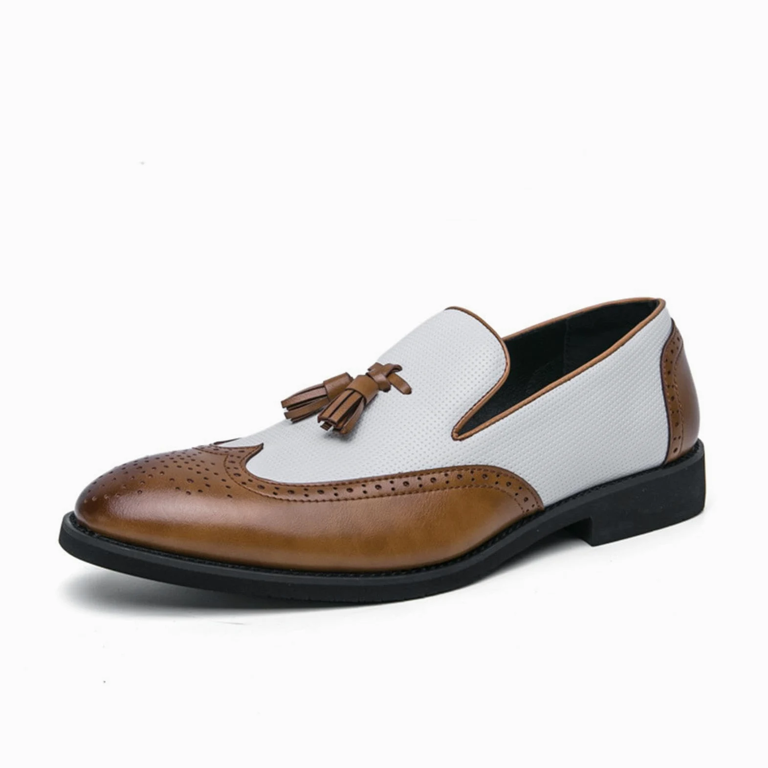 Mocasines Brogue para Hombre Bicolor Negro y Blanco Zapatos de Vestir con Borlas Estilo Wingtip Vintage Boda Negocios Formales