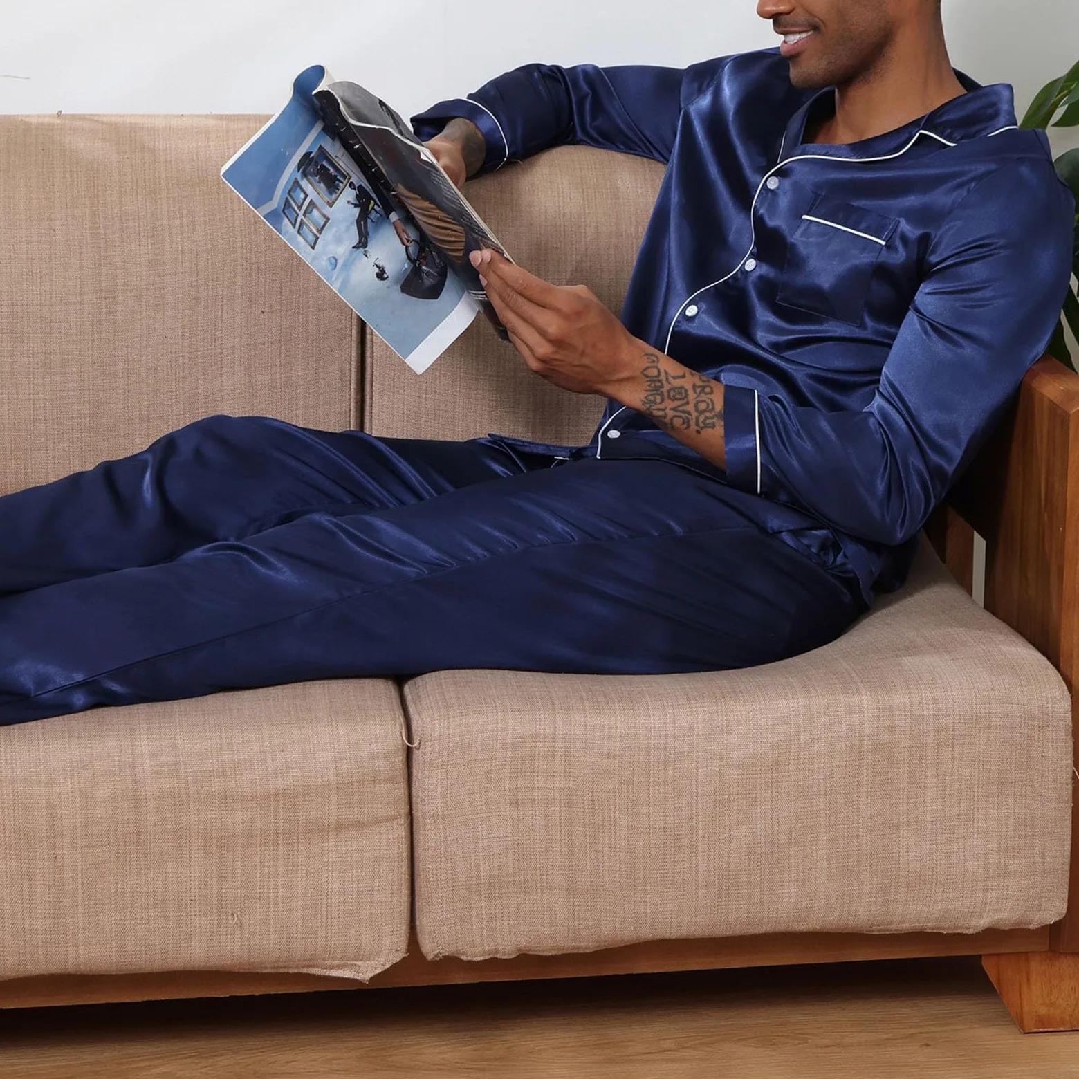 Conjunto de pijama liso para hombre, conjunto de pijama con botones para hombre, ropa de dormir texturizada para novio, ajuste clásico, con botones, ropa de dormir básica con solapas, camisa ligera