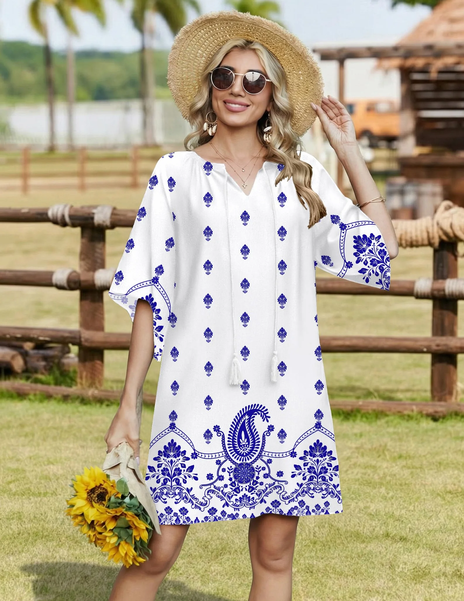 Zeagoo Vestido de verano para mujer bohemio con bolsillos hasta la rodilla