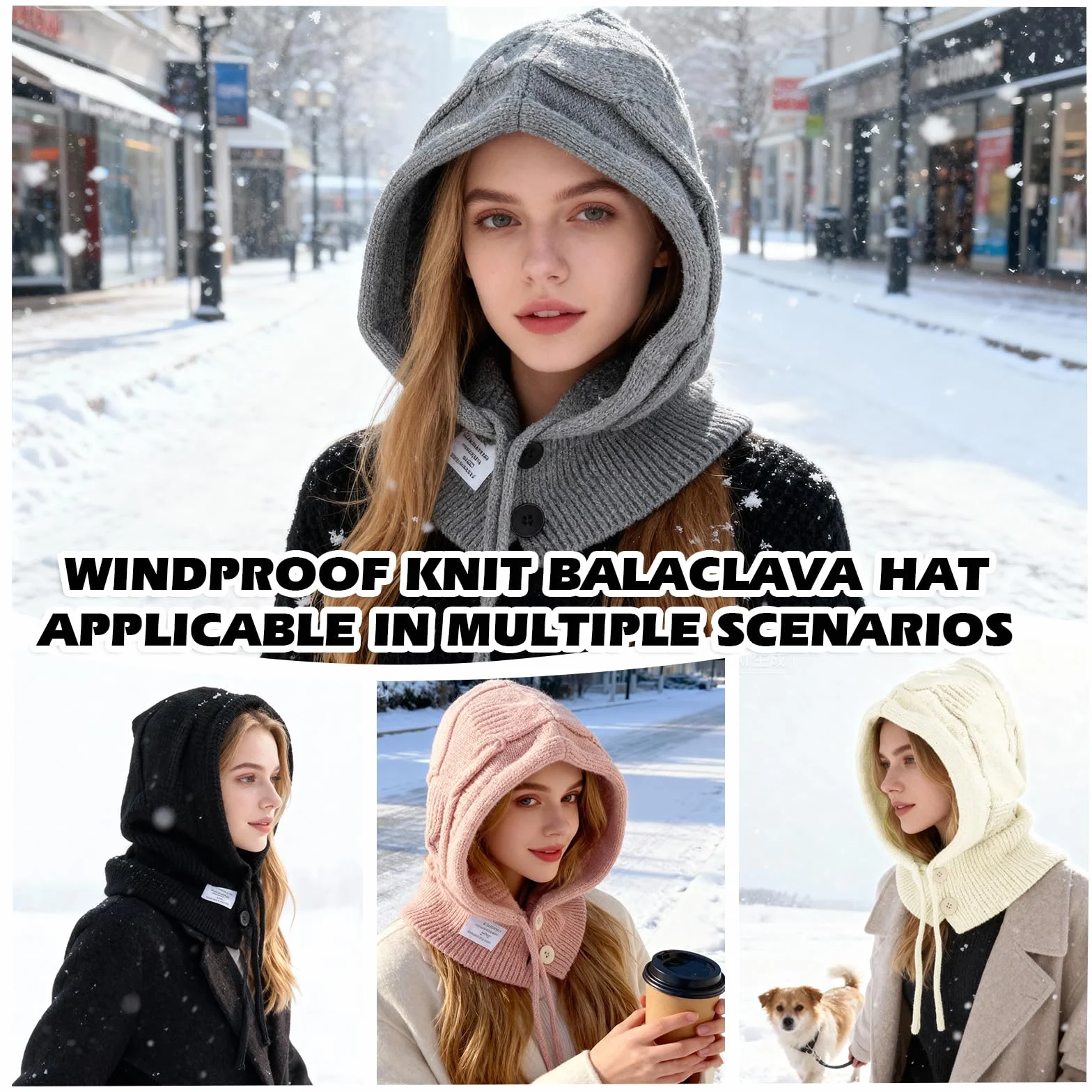 Mujer Invierno Gorro de Punto y Bufanda con Capucha,2 en 1 Térmicos Prueba de Viento Ajustable Pasamontañas,Moda Ocio Pullover Calentador de Cuello para Deportes al Aire Libre Diario Correr