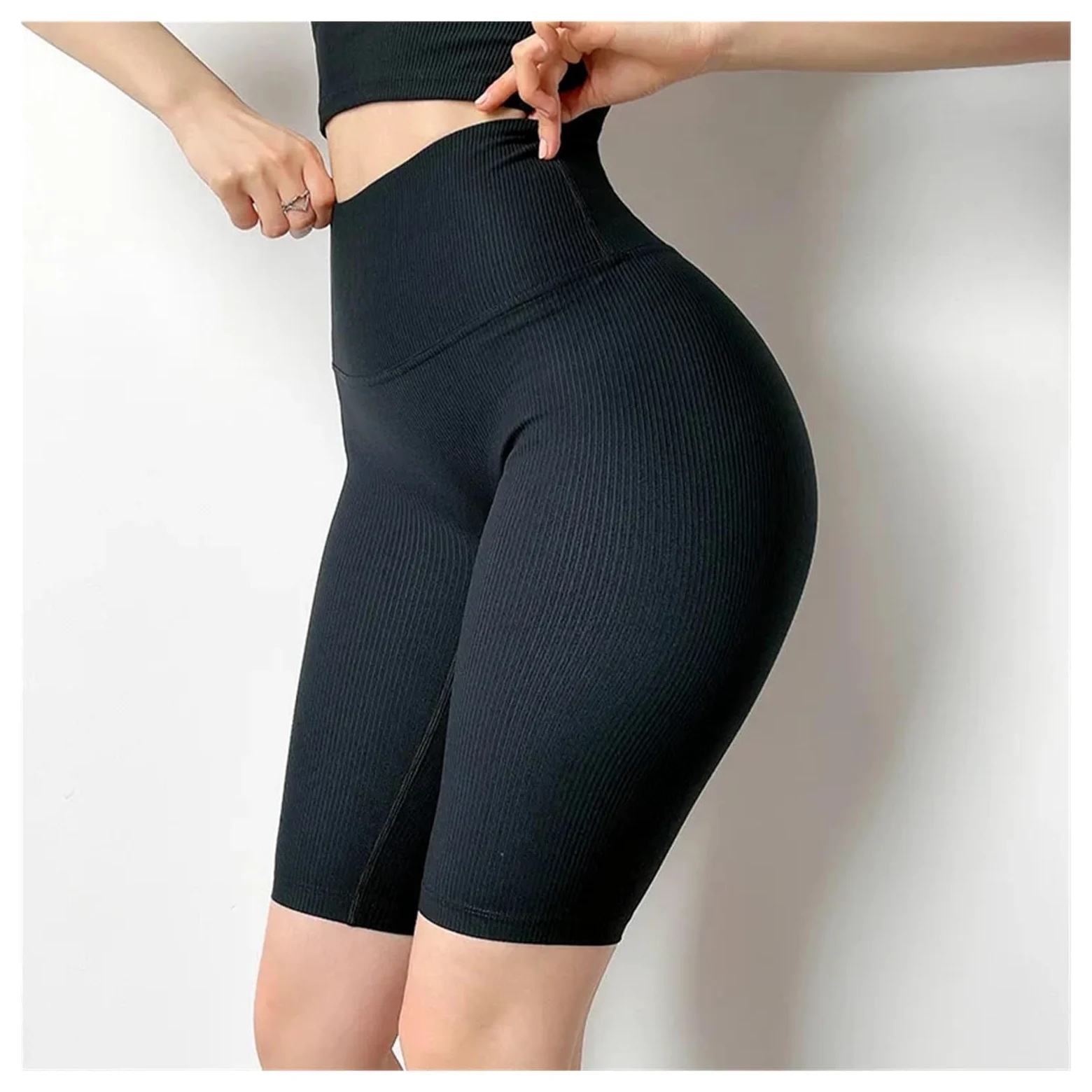 Yoga Pantalones Cortos Pantalones Cortos de Tejido Acanalado for Mujer, de Cintura Alta, for Ciclismo, Gimnasio, Correr, Yoga, Ajustados, con Rosca.(Black,L)
