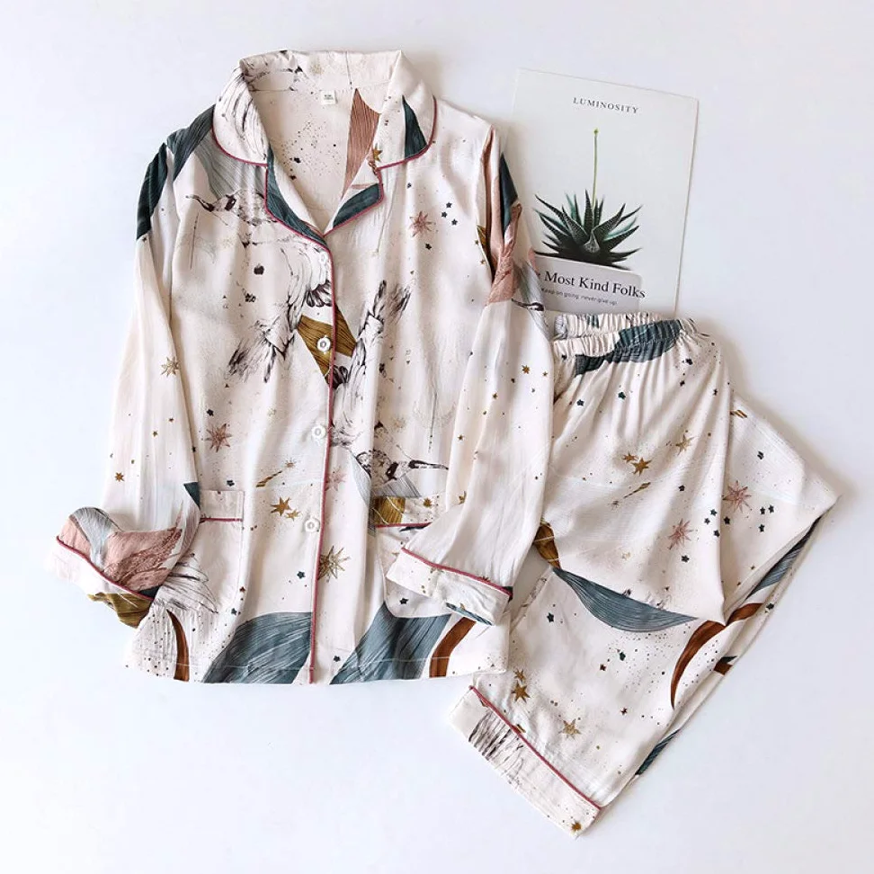 Conjunto De Pijamas De Mujer, Pijama Suave De Algodón Viscosa 100% Con Bolsillos Estampado Fino, Manga Larga Con Botones, Ropa De Verano Dormir
