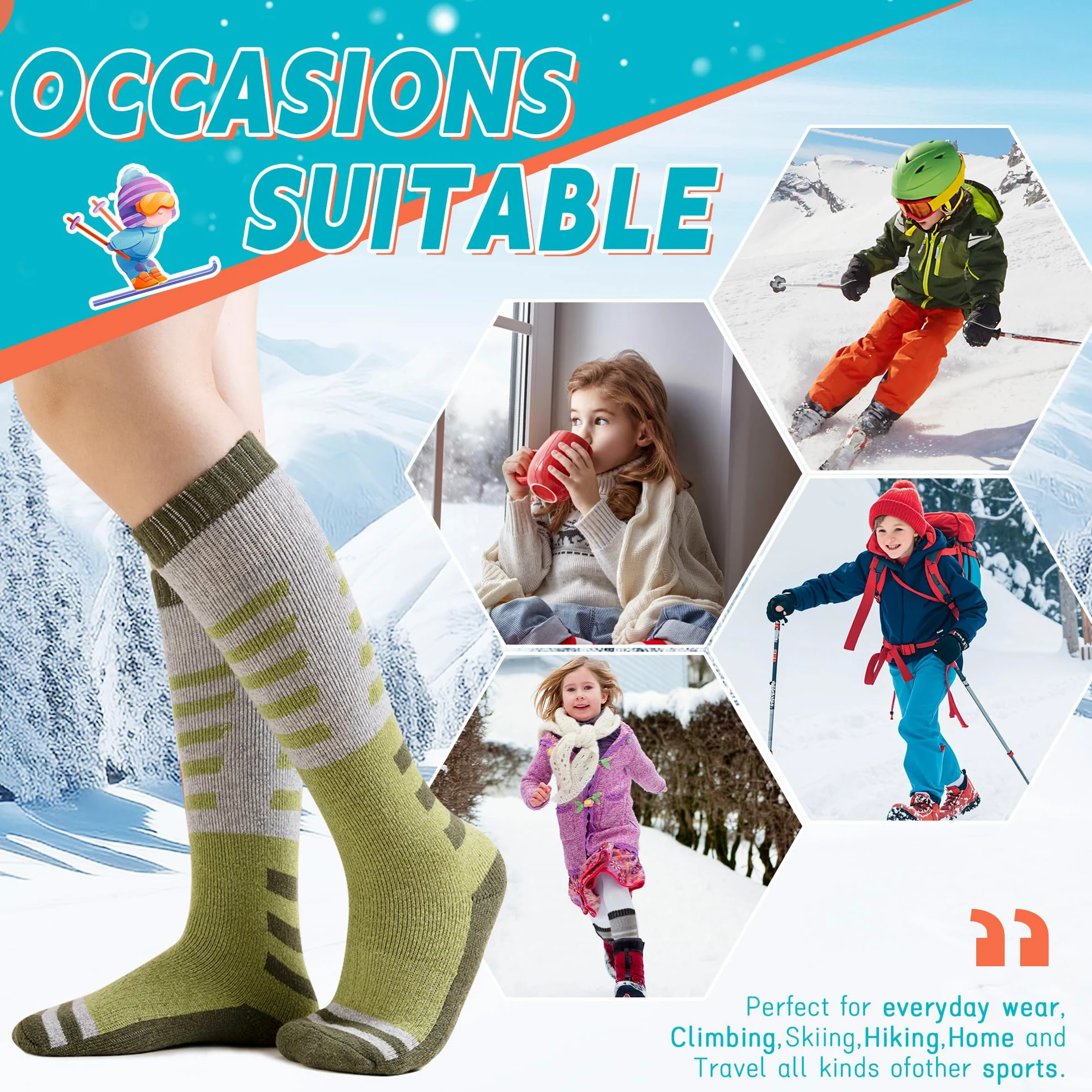 Velice Calcetines de esquí de lana merino para niños, 3 pares, térmicos, gruesos, cálidos, para invierno, para esquí, snowboard