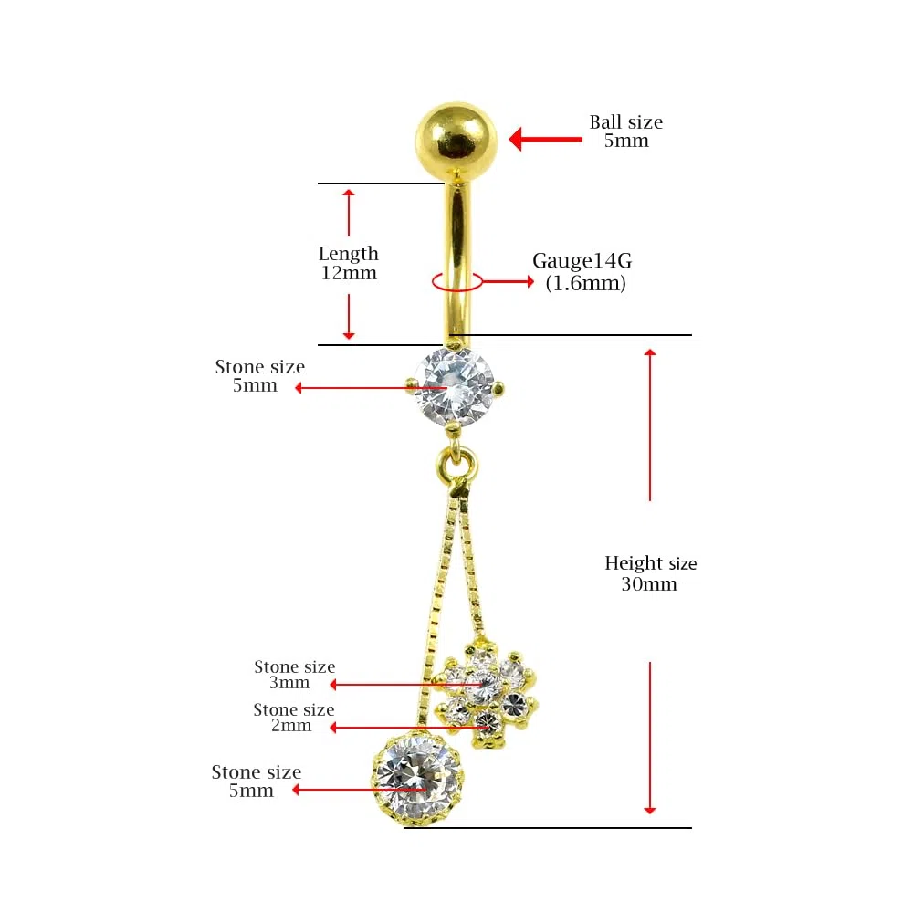 Piercing para ombligo de oro amarillo macizo de 14 quilates con circonita cúbica y colgante redondo en caja, joyería para ombligo de 14 quilates, calibre 14, 14 Gauge - 12mm Length,