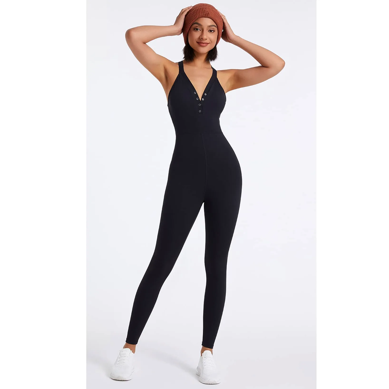 Mono deportivo de yoga de una pieza para mujer negro,Mono sin mangas con escote en V y espalda de belleza,Ropa de gimnasio todo en uno,Jumpsuit Estiramiento transpirable