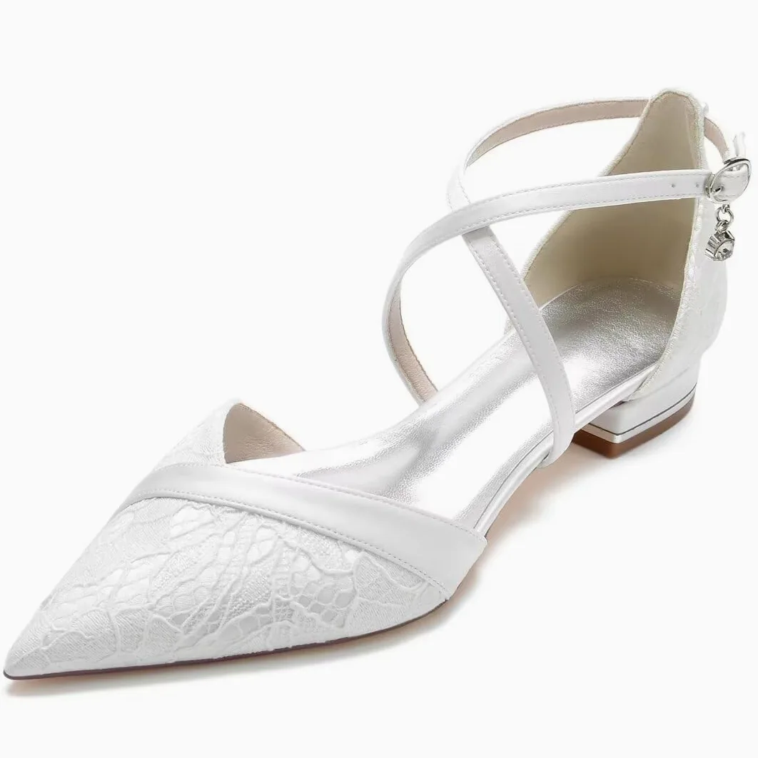 JOEupin Zapatos planos puntiagudos de boda para novia, tacones bajos, correa cruzada en el tobillo, zapatos planos de novia, zapatos de vestir de fiesta de noche, zapatos de tacón