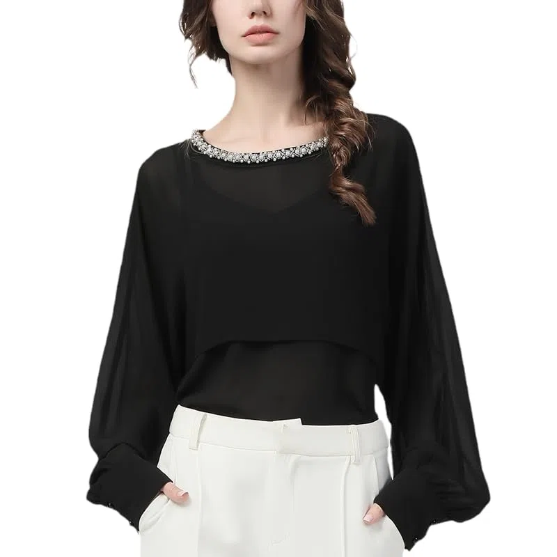 Blusa de Gasa negra con Cuello Redondo y Cuentas para Mujer, Blusa Holgada de Manga Larga de Talla grande, Tops Informales de Oficina para Mujer de otoño (Negro XS)