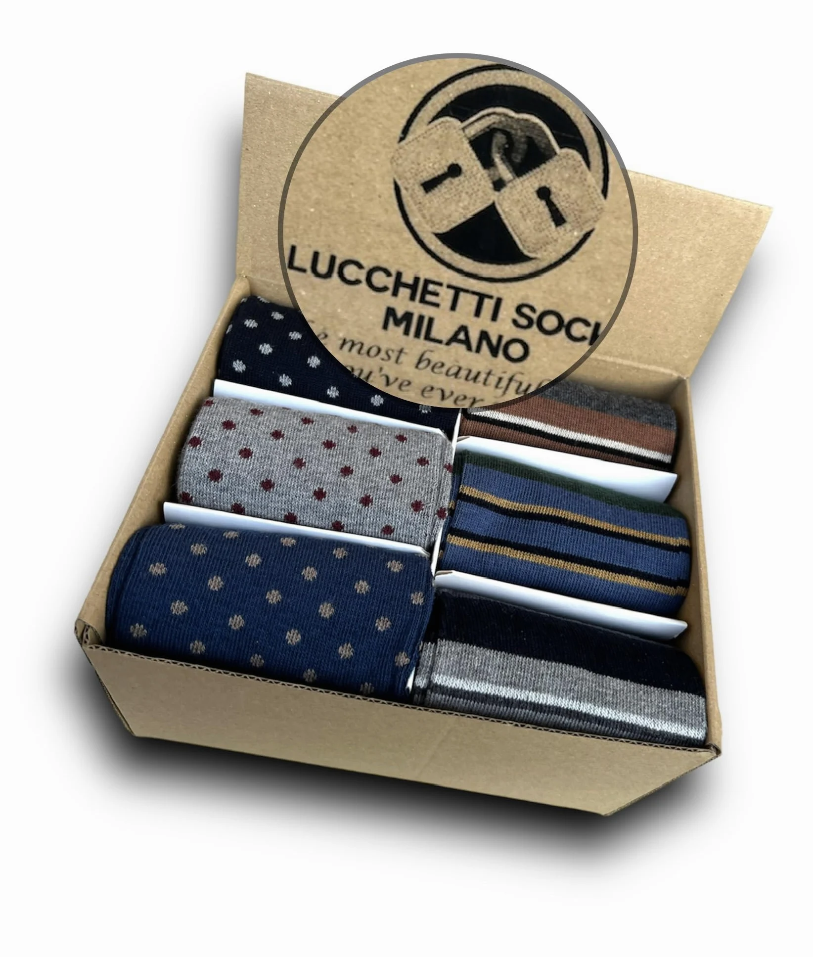 Lucchetti Socks Milano Set de 6 pares de calcetines largos de algodón cálidos para hombre de colores de tendencia estampados de lunares de moda Made in Italy