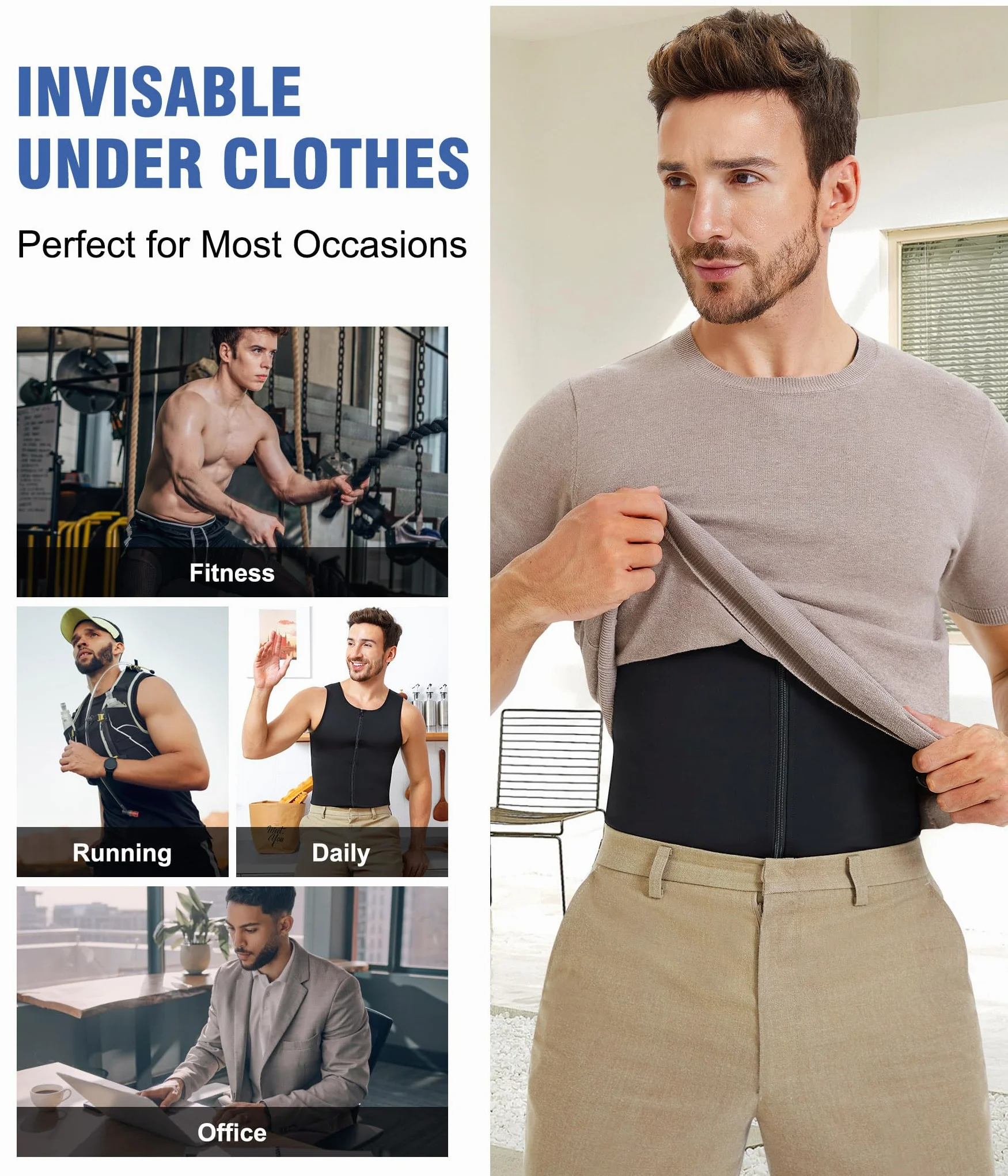 Eleady Camisetas de compresión para hombre, con cremallera, para moldear el cuerpo, camisetas más delgadas
