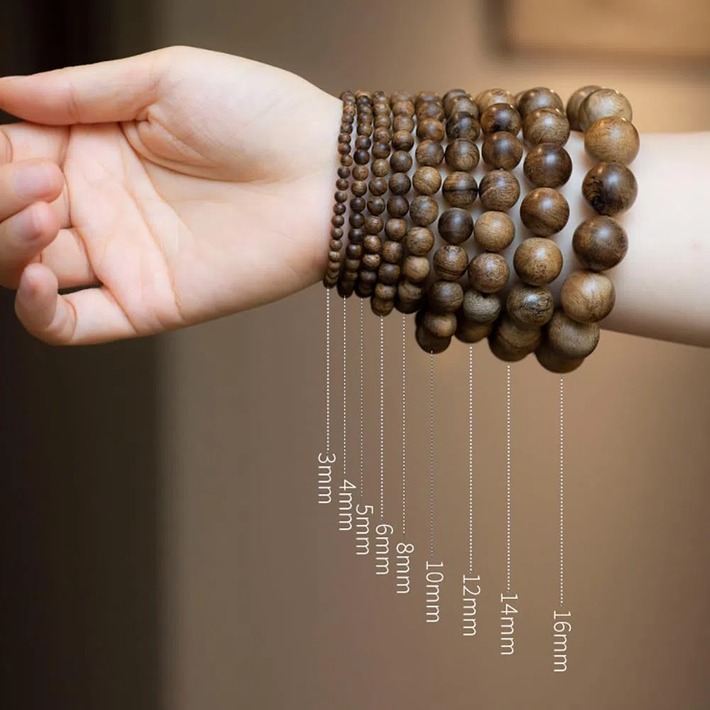 Pulsera de Cuentas de Madera de agar Qi Nan Natural, Pulsera de Cuentas de Madera Pulida a Mano de una Sola hebra para Hombres y Mujeres,10 mm × 19 Beads