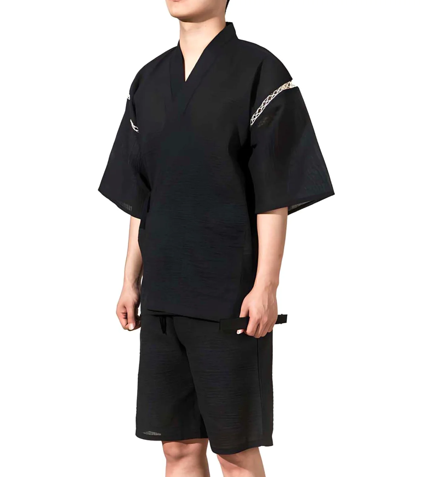 ZEALMAX Conjunto de kimono japonés para hombre, camisa y pantalones cortos, algodón y lino, bata de baño, color negro