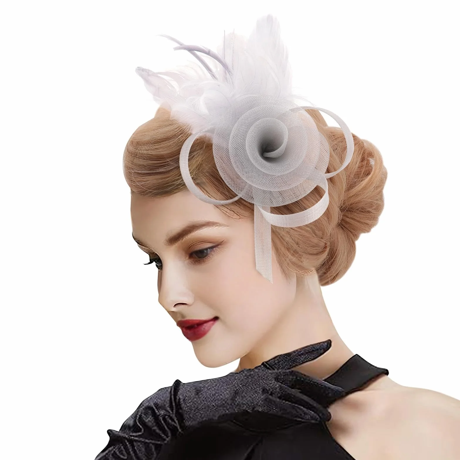 DRESHOW Fascinator Sombrero Flor de Plumas Clip de Pelo Elegante Sombrero de Malla Ideal para Fiestas, Cócteles, Bodas para Mujer
