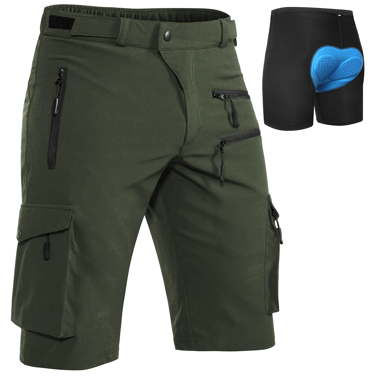 Hiauspor Pantalones Cortos de Ciclismo de montaña para Hombre, de Secado rápido, con Bolsillos con Cremallera MTB Trekking (Multi-Verde, L)