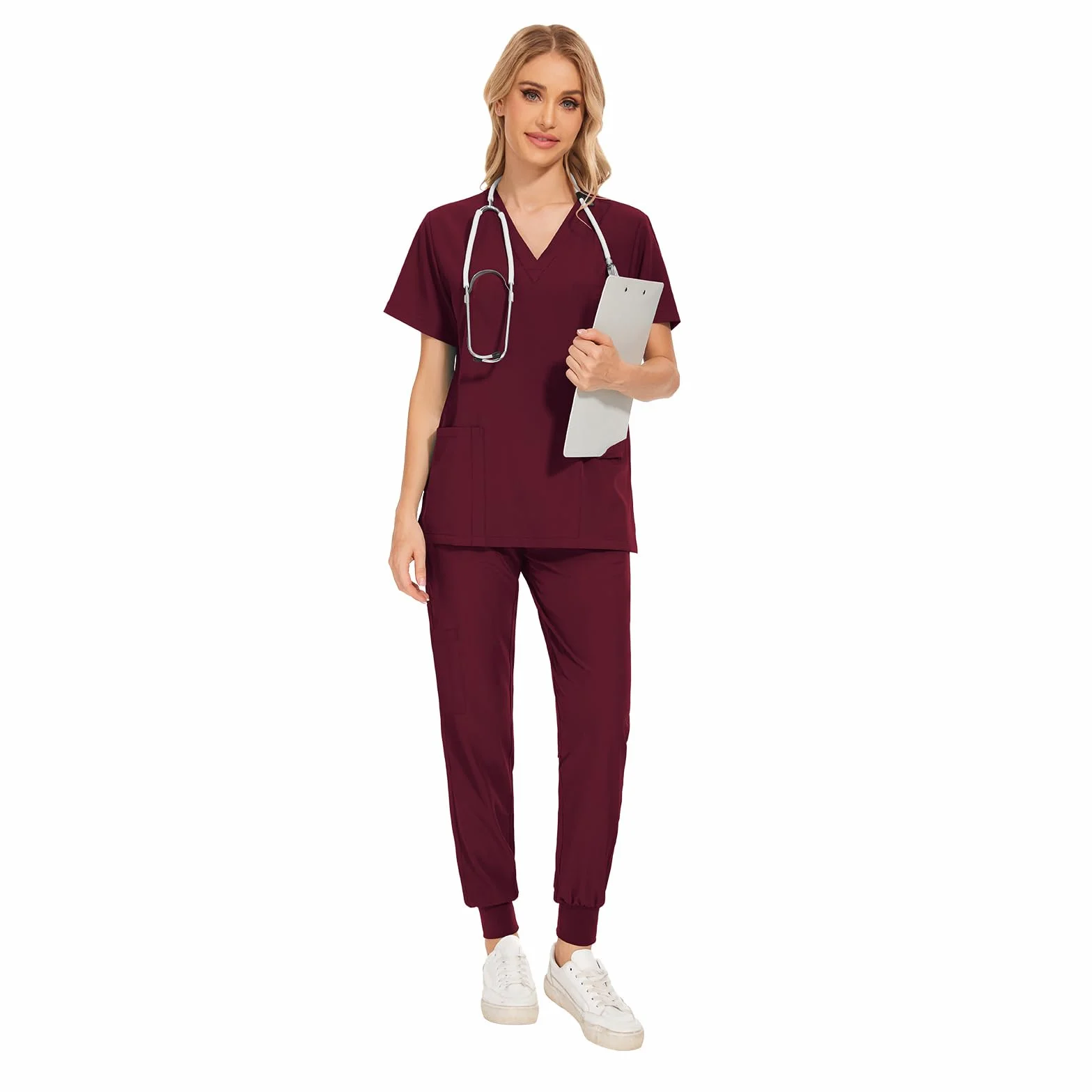 Conjunto Médico 2PCS Uniformes de Trabajo Médico Cuello en V Top de manga corta con 3 bolsillos Pantalones elásticos Secado rápido y absorbente del sudor DK05