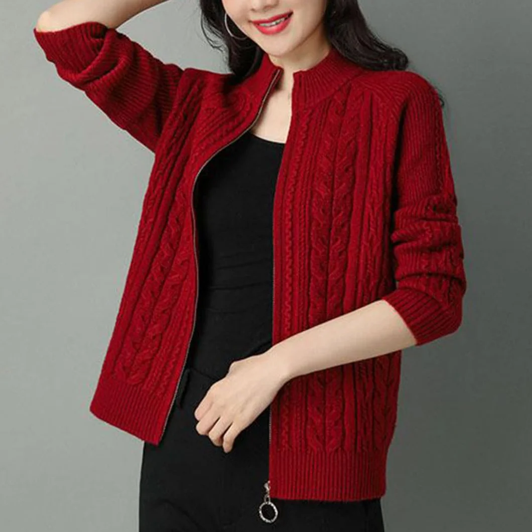 Chaqueta Tipo Cárdigan De Punto con Cremallera y Cuello Alto para Mujer, Manga Larga, Suéter Grueso
