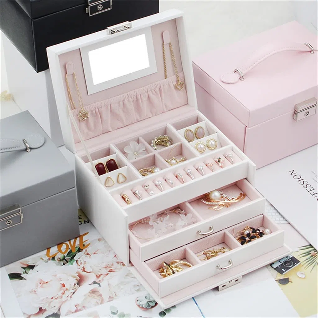 Caja de Espejo para Damas, de Cuero sintético, para Guardar Pendientes, Anillos, Collares y exhibir con Cerradura.