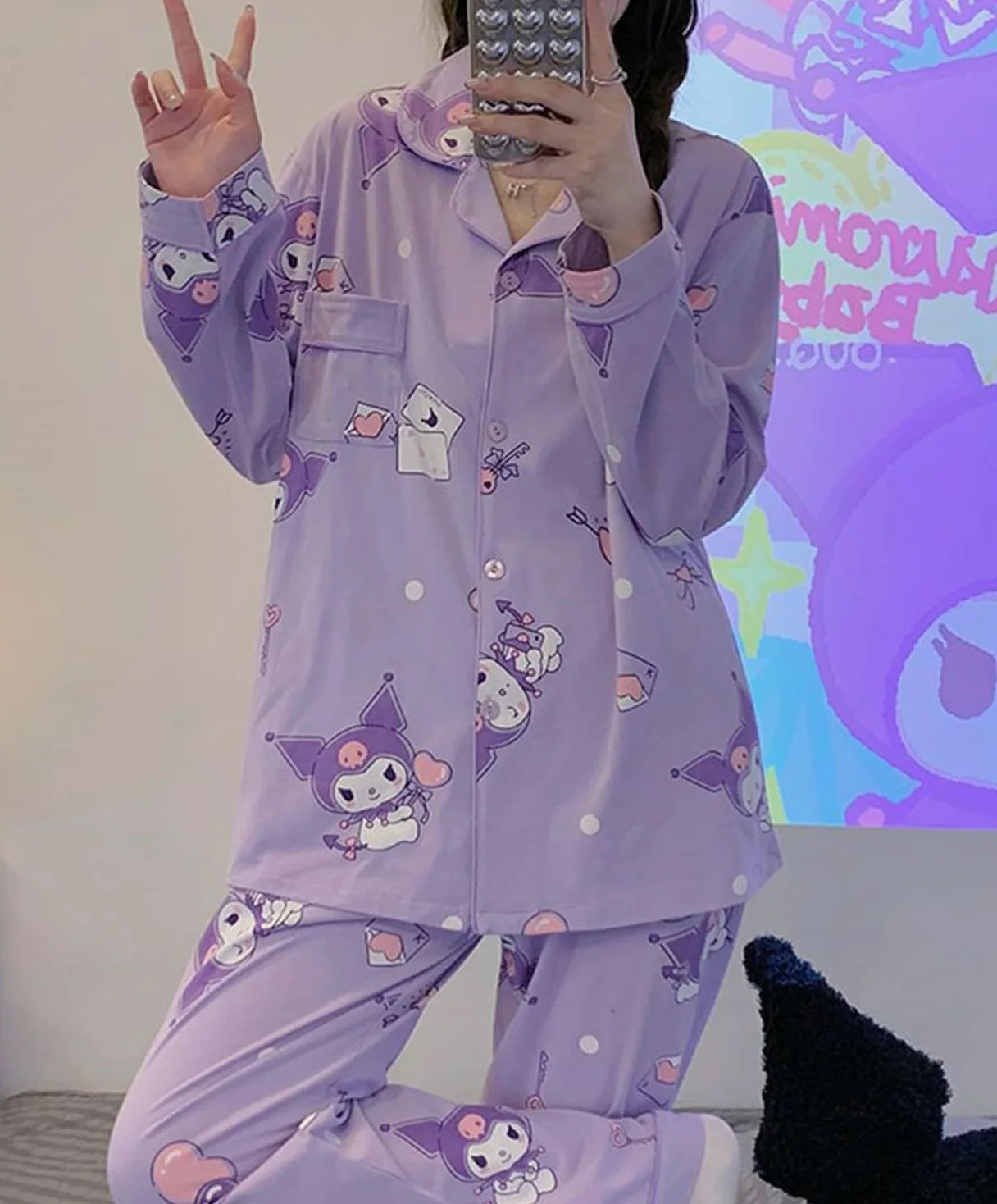 Kawaii Cartoon Pijama Mujer Niña Camiseta de Manga Larga y Pantalón Largo Conjunto 2 Piezas Ropa de Domir para Primavera Verano Morado/1 M