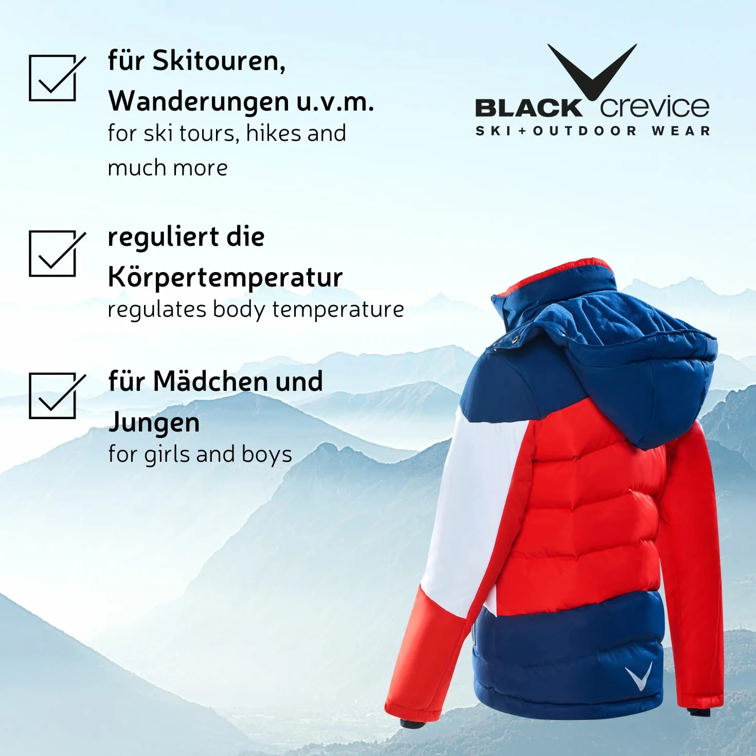 Black Crevice Chaqueta de esquí infantil, chaqueta de invierno rompeviento e impermeable para niños, bolsillos impermeables con cremallera, con capucha