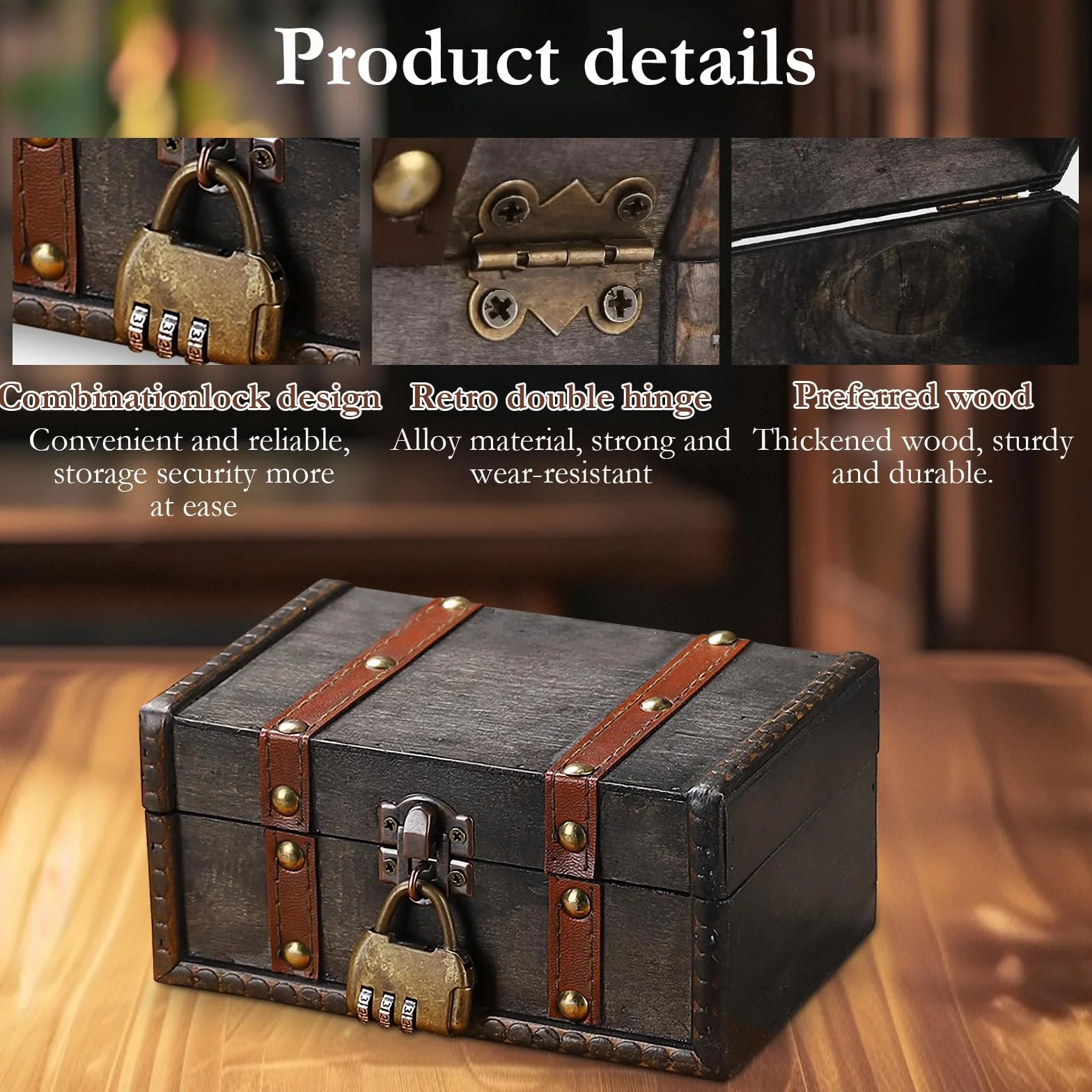 Cofre Pirata Caja Madera Vintage con Candado Numerico Almacenamiento Decoracion 16,7 x 11 x 8 cm