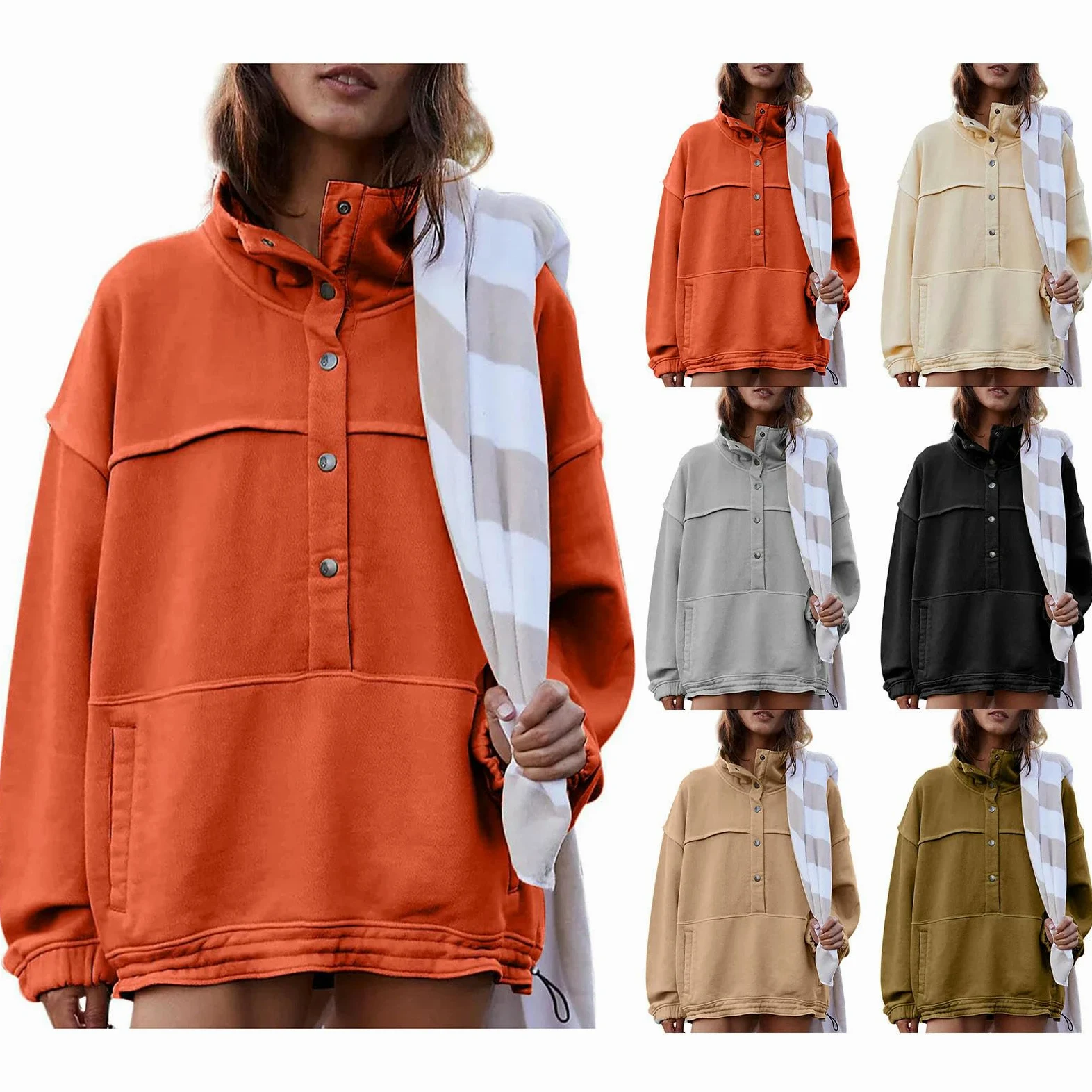 Sudaderas holgadas para Mujer, suéteres de Gran tamaño de Invierno, Tops de Cuello Alto con Cierres a presión, Sudaderas de Manga Larga, Gris, S