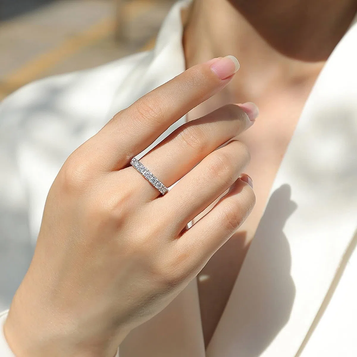 Moissanite Anillo de oro blanco, anillo de boda para mujer, oro auténtico, media eternidad, anillo de compromiso con Moissanite Bandringe para mujeres