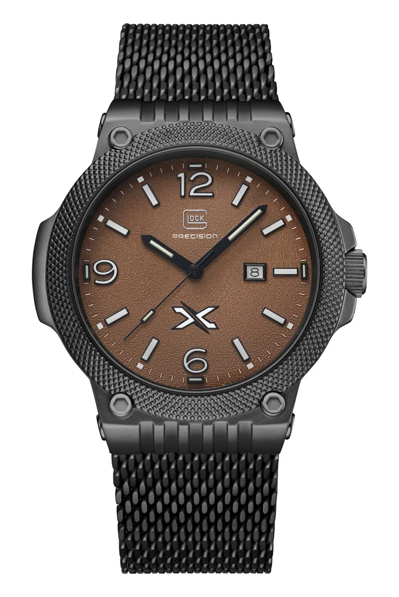 GLOCK Reloj de cuarzo para hombre | Caja de 43 mm | Reloj de pulsera con caja de acero inoxidable negro | Esfera con textura de arena | Correa de malla negra | 10ATM | GW-43-5-24