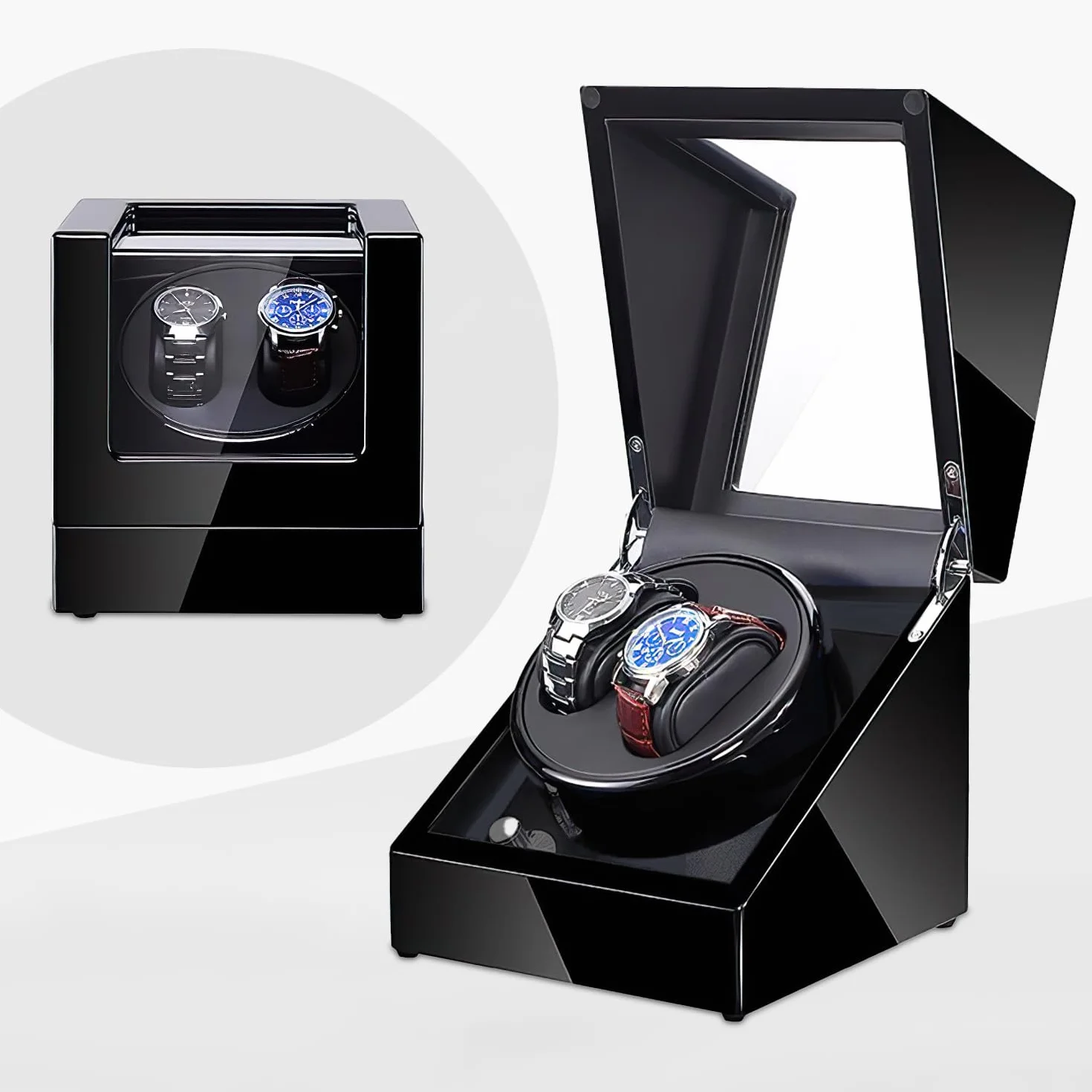 Olvy Caja giratoria para relojes automáticos, motor silencioso, negro lacado con LED