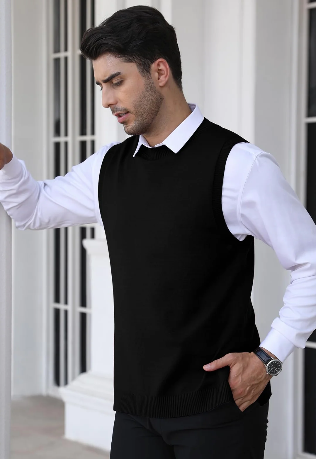 KUYIGO Chaleco sin mangas clásico para hombre, cuello redondo, tejido de punto, cárdigan, camiseta sin mangas