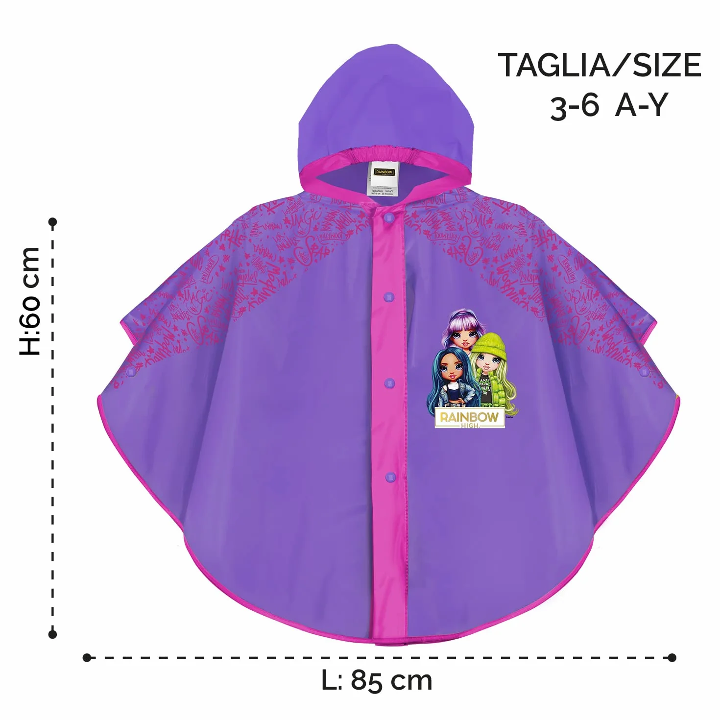 PERLETTI Poncho Niña para Lluvia Rainbow High 3 4 5 6 años - Chubasquero Infantil Muñecas de Color Violeta y Detalles Fucsia - Impermeable para Pequeñas con Capucha y Botones a Presión