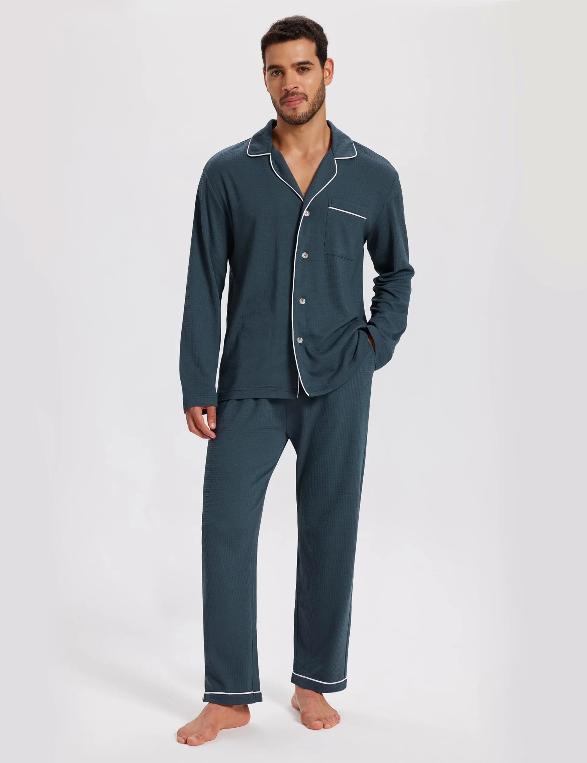 MoFiz Pijama Hombre Largo Otoño Invierno Conjunto de Pijamas con Botones Algodón Modal Suave y Cómoda Manga Larga Camisetas de Pijama y Pantalones Talla M-4XL
