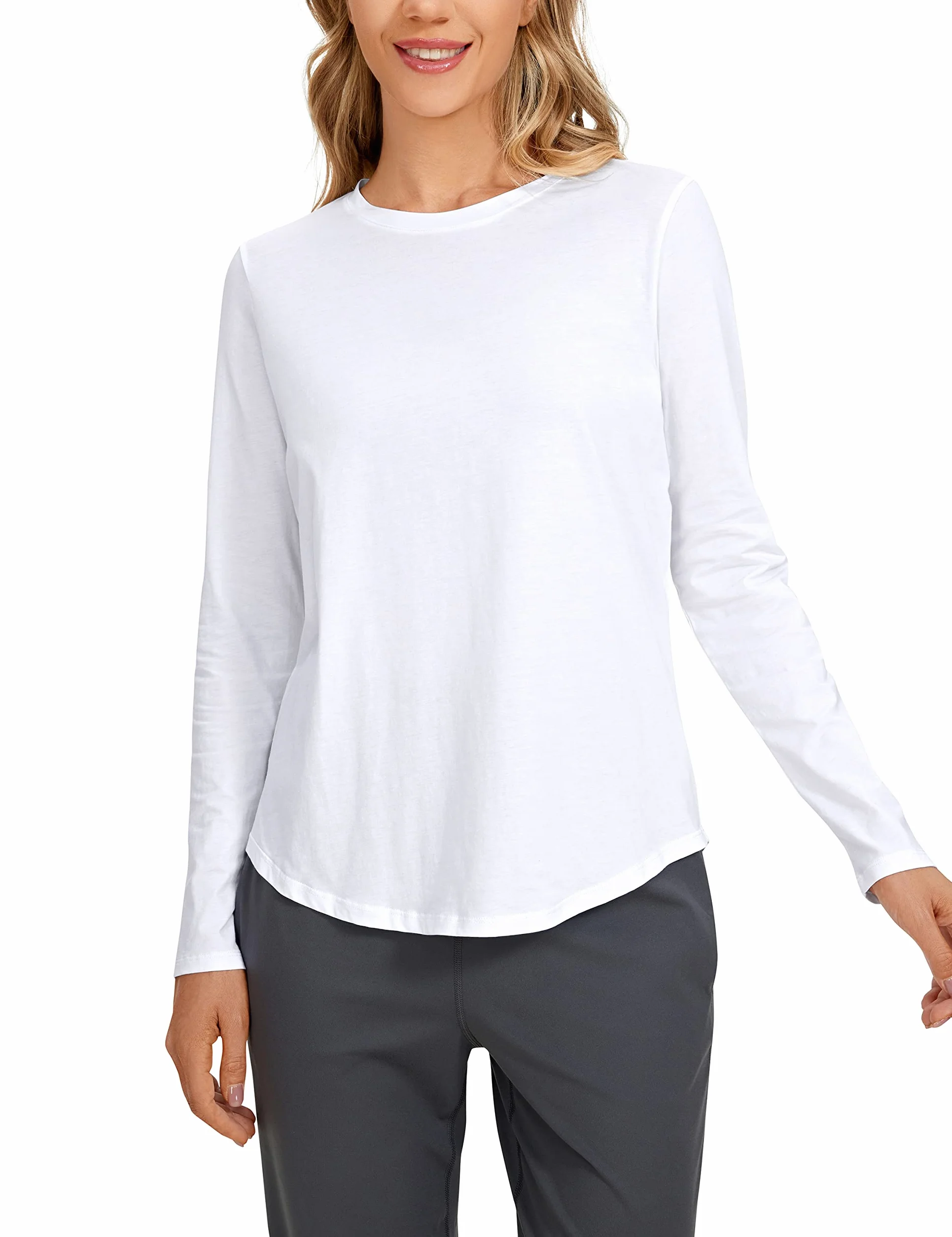 CRZ YOGA Pima Cotton Workout Camisas de Manga Larga para Mujer Athletic Crewneck Yoga Casual Tops Camiseta Lisa